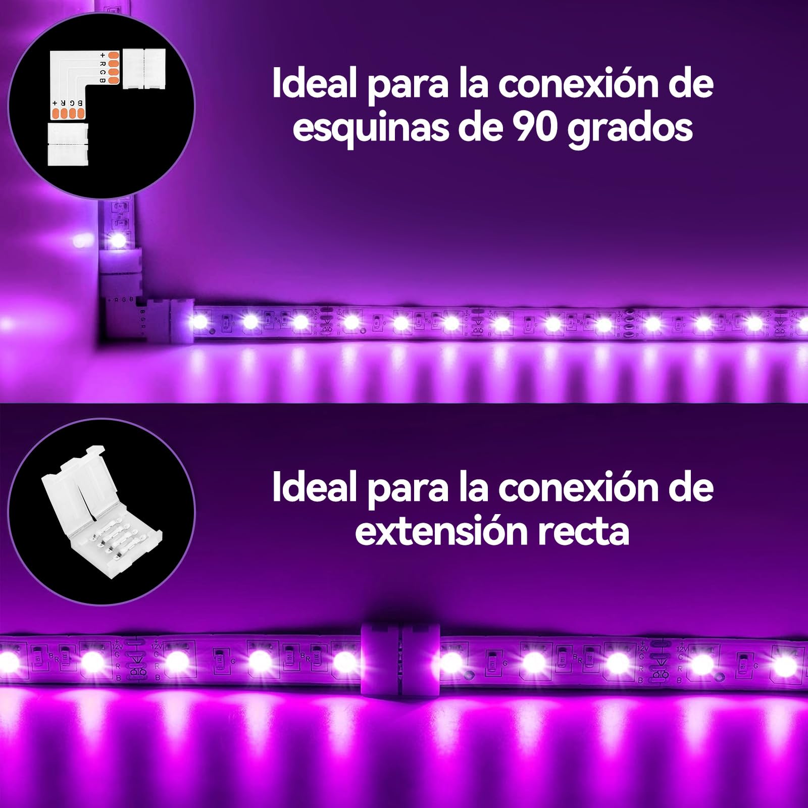 Conectores LED 4 Pines en Forma L 10mm para Extensión de Tiras LED sin Soldadura 10 Piezas