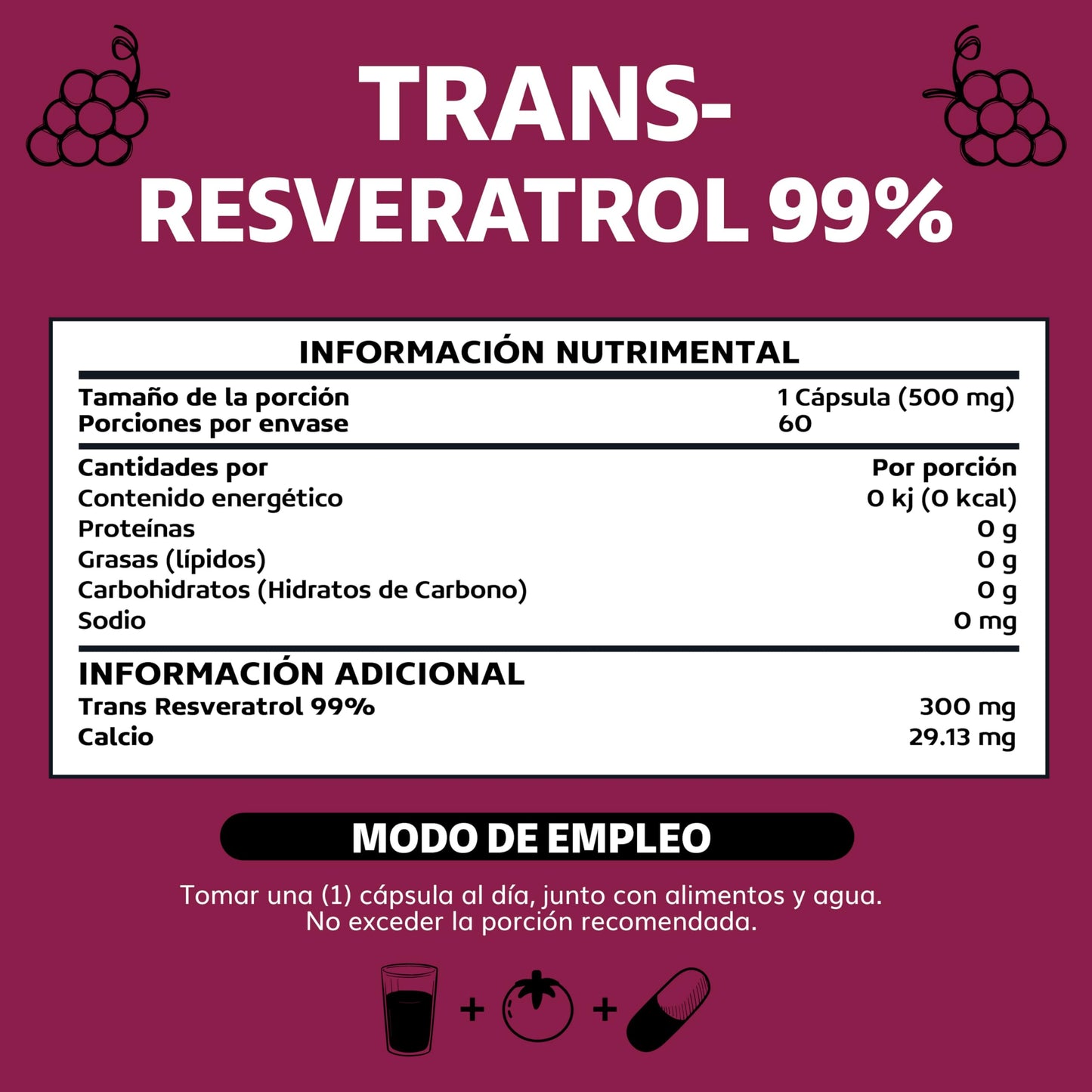Cápsulas Veganas Beyond Vitamins Blanco Alta Concentración de Resveratrol Calidad Premium 2 Meses