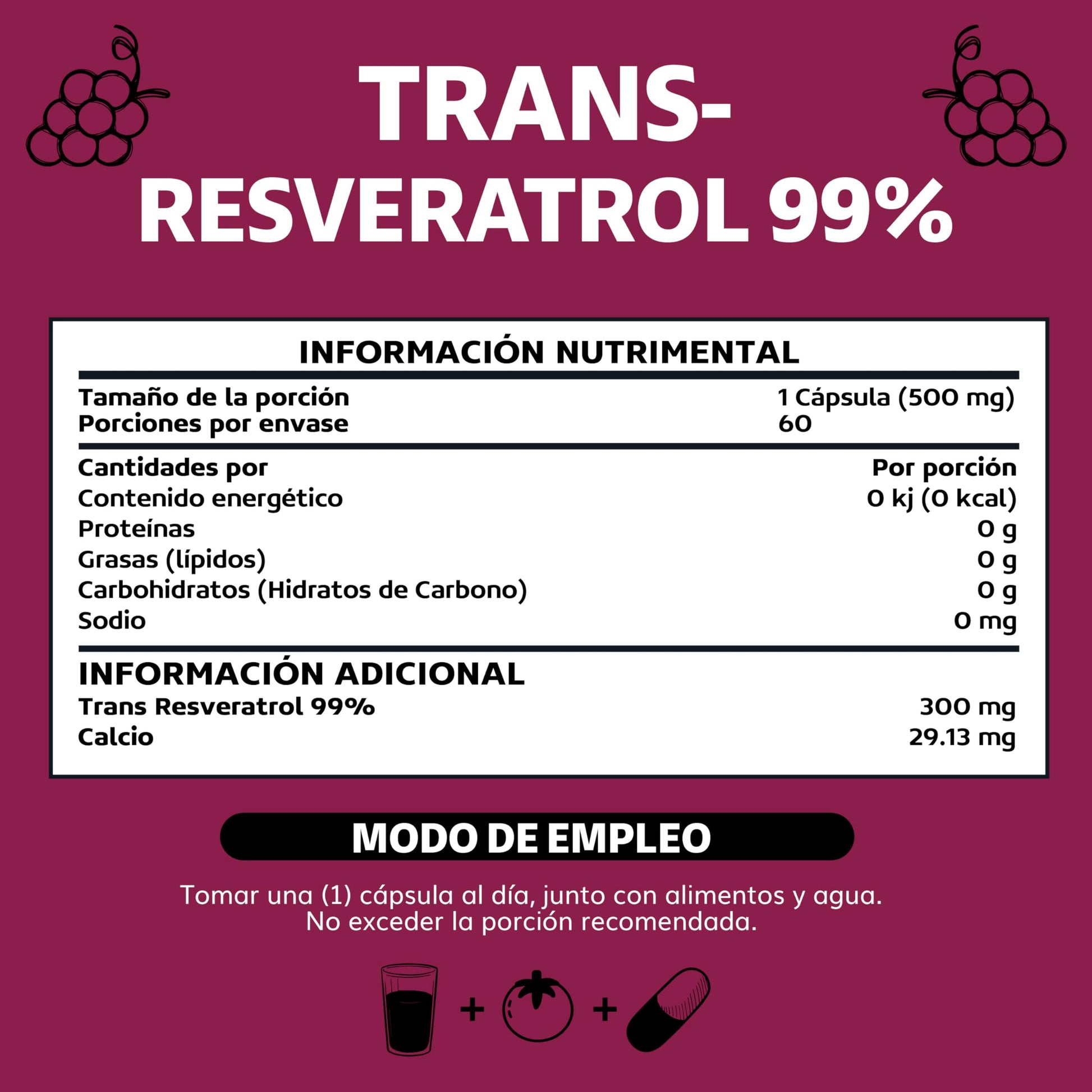 Cápsulas Veganas Beyond Vitamins Blanco Alta Concentración de Resveratrol Calidad Premium 2 Meses