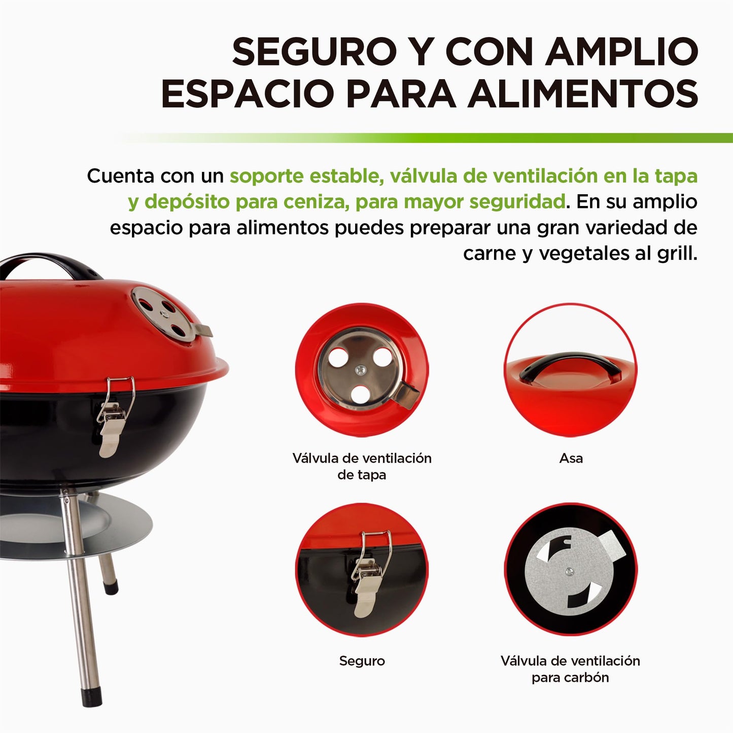 HIKEO Asador de Carbón Portátil 36 cm de Diámetro con Tapa, Parrilla para Carne Asada para Jardín, Camping, Picnic, Patio, Parrillada o Playa, Mini Grill de Acero para Exteriores, Fácil de Limpiar