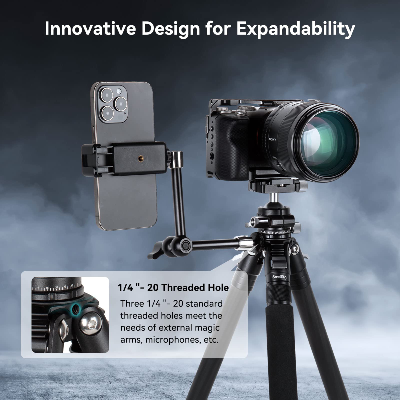 Trípode SMALLRIG Fibra de Carbono Compacto Liviano con Monopié Desmontable Rótula de Bola 360° Placa de Liberación Rápida para Carga hasta 12kg