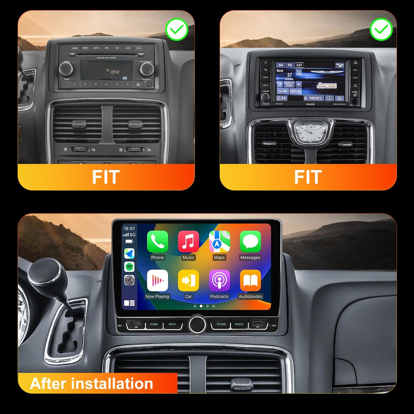 Radio Dodge Grand Caravan 2008-2020, para Chrysler Town & Country Radio 2012-2016, actualización de reemplazo estéreo de visualización táctil de 9 pulgadas, inalámbrico Carplay Android Auto, cámara de