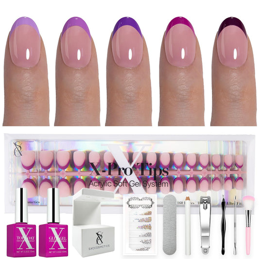 SXC Uñas Postizas con Punta Francesa Cosmetics – Serie Morada, Almendra Extracorta, Kit de Inicio X-Pro Tips | 160 Piezas, 16 Tamaños, 5 Estilos, Ideal para Principiantes