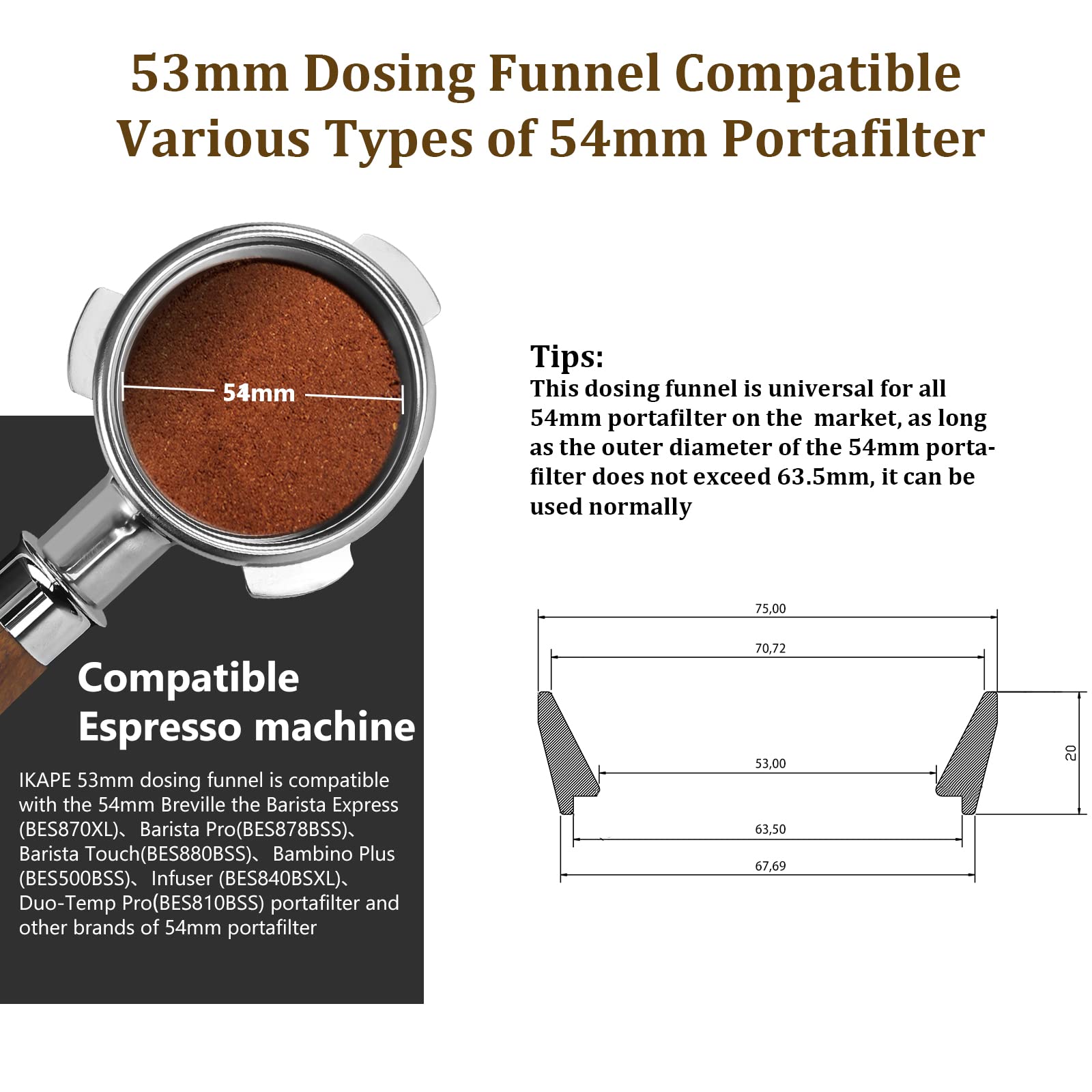 IKAPE Productos De Café, Embudo Dosificador De Espresso, Anillo Dosificador De Café De Acero Inoxidable Compatible Con Portafiltro Breville De 54 Mm 53Mm Plata