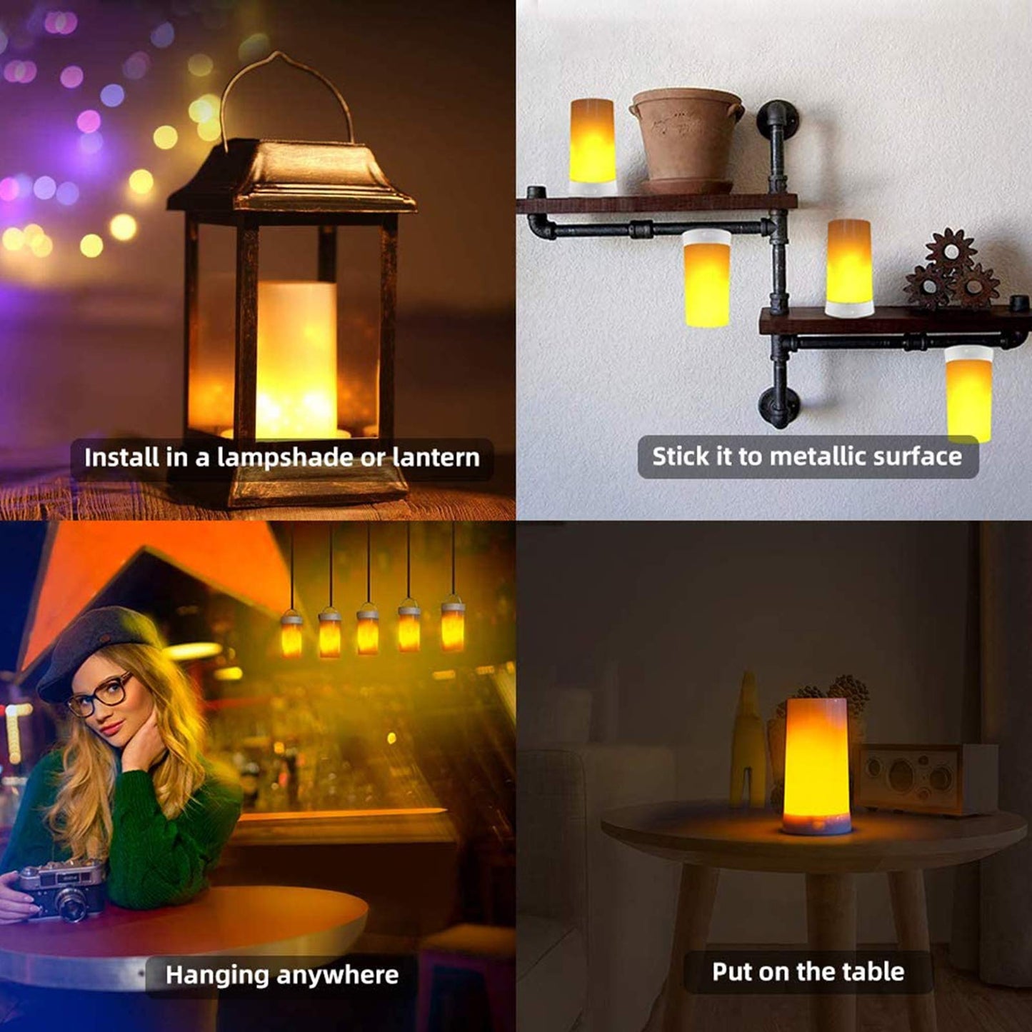 Luz LED con efecto de llama, recargable por USB, lámpara de mesa de llama, impermeable, regulable, 4 modos con efecto de detección de gravedad, control remoto inalámbrico IR y temporizador, para