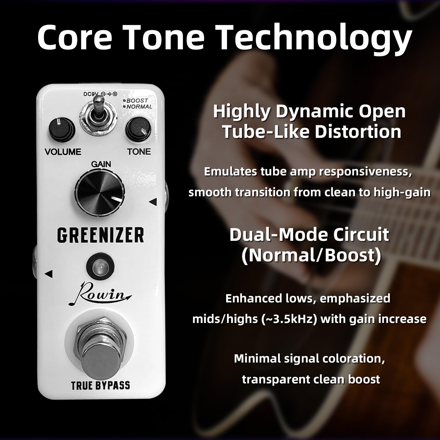 Rowin Overdrive Pedal de efecto guitarra Greenizer Mini pedal analógico tubo Scream Sound True Bypass DC 9V blanco LEF-323