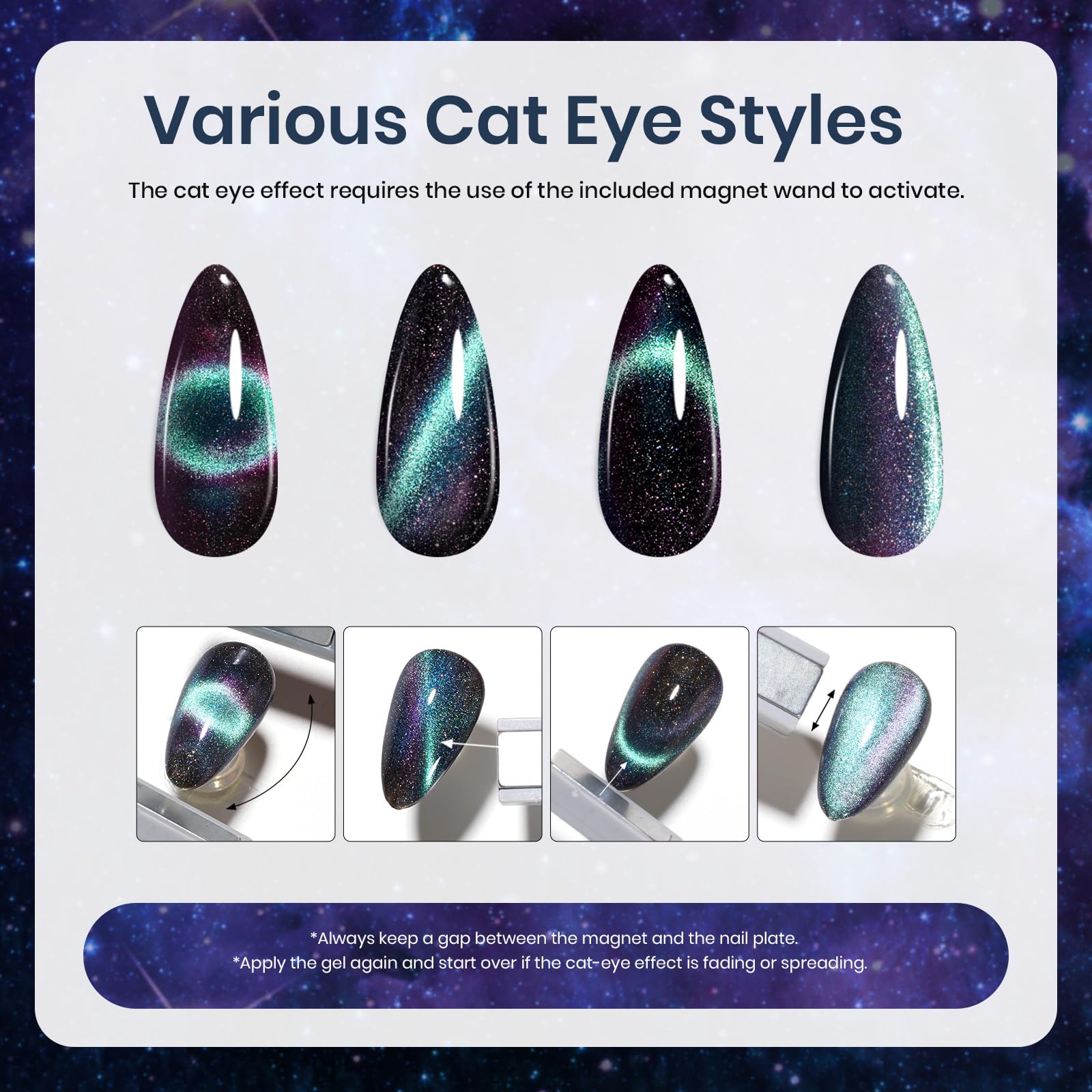 Beetles Milky Way - Juego de esmaltes de uñas de gel con purpurina, 6 unidades, color negro, morado, azul, galaxia, lámpara UV, ojos de gato, imán que cambia de color, gel camaleón fantasma brillante, regalo para mujeres y niñas