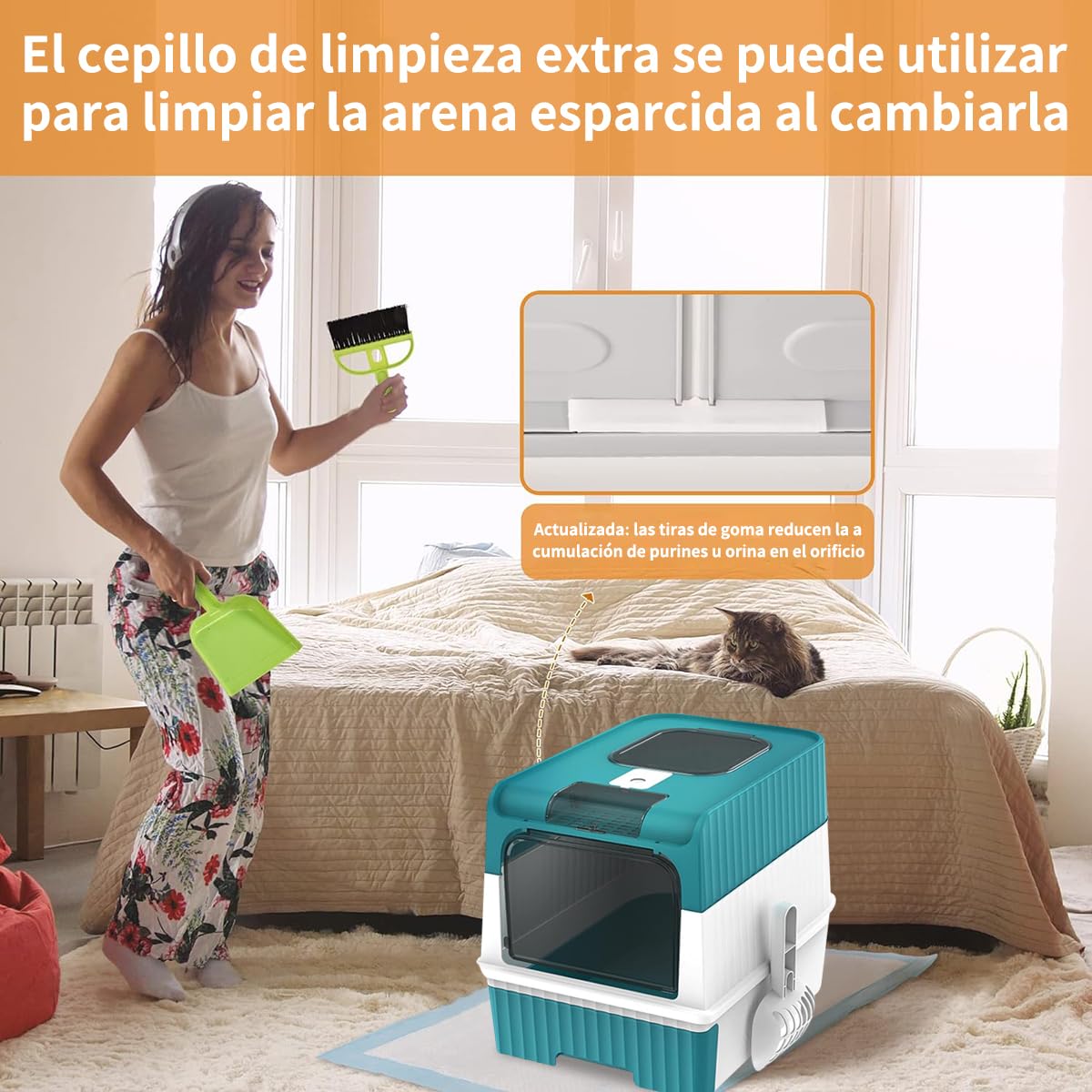 BNFU Caja de Arena para Gatos Plegable,50×35×15CM Grande Cerrado Plástico Orinal para Gato,Equipada con luz Ultravioleta y Pala para Arena, fácil de Limpiar, a Prueba de olores y Salpicaduras