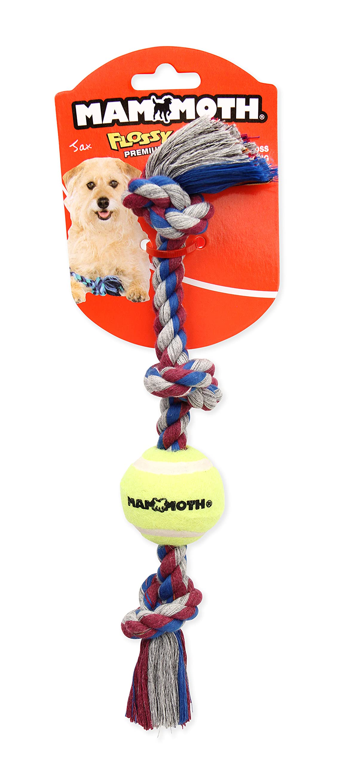 Mammoth Flossy Chews Color 3-Knot Tug with Tennis Ball, Pequeño
