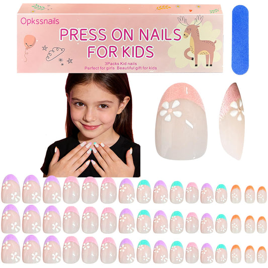 OPkssnails 96 Piezas de Uñas Postizas Ovaladas Cortas para Niñas, 3 Paquetes de Uñas con Punta Francesa Colorida y Diseño de Flores, Incluye Lima Pulidora para Niños de 8 a 12 Años