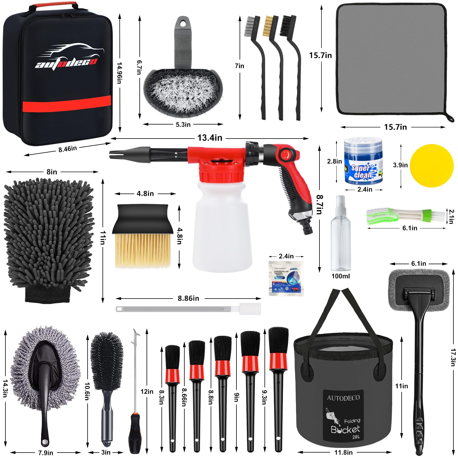 AUTODECO - Juego de limpieza para el lavado de coches con pulverizador de espuma, trapeador con mango largo, cubeta plegable, manopla grande, toallas, 44 piezas, negro