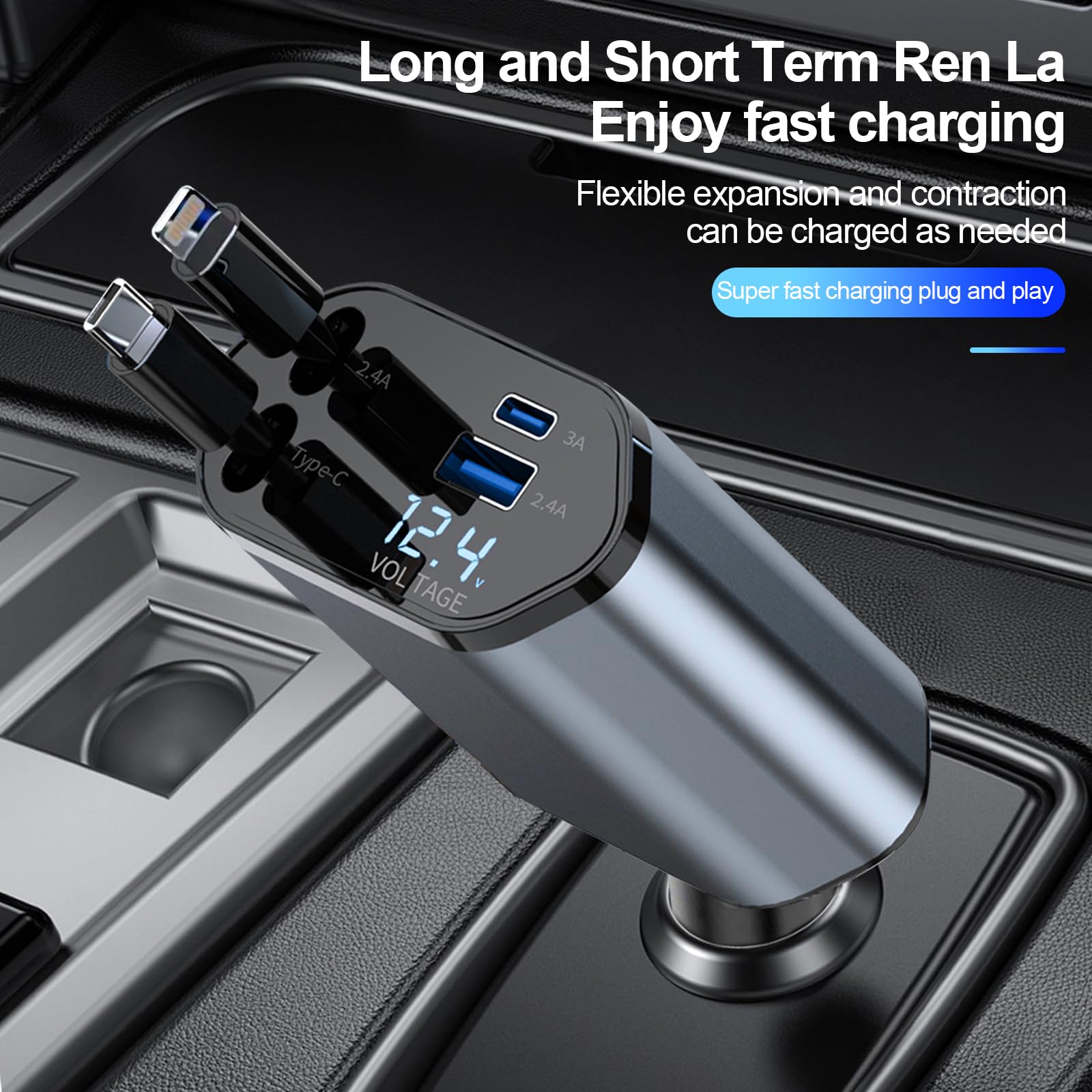 HKEDHD 120W Retráctil Cargador de Coche 4 en 1 Adaptador de Cargador de Coche con Cable Retráctil y Pantalla de Voltaje para Vehículos de 12/24 V, Compatible con Android, iPhone, Samsung,Huawei,Google