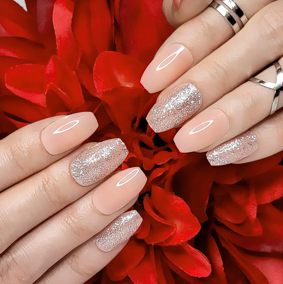 Hypnaughty 24 Pcs Nude Ballerina Press On Nails with Glue Medium Short Length Fake Nails with Glitter Design Glossy Acrylic Press On Nails Full Cover (Nude)