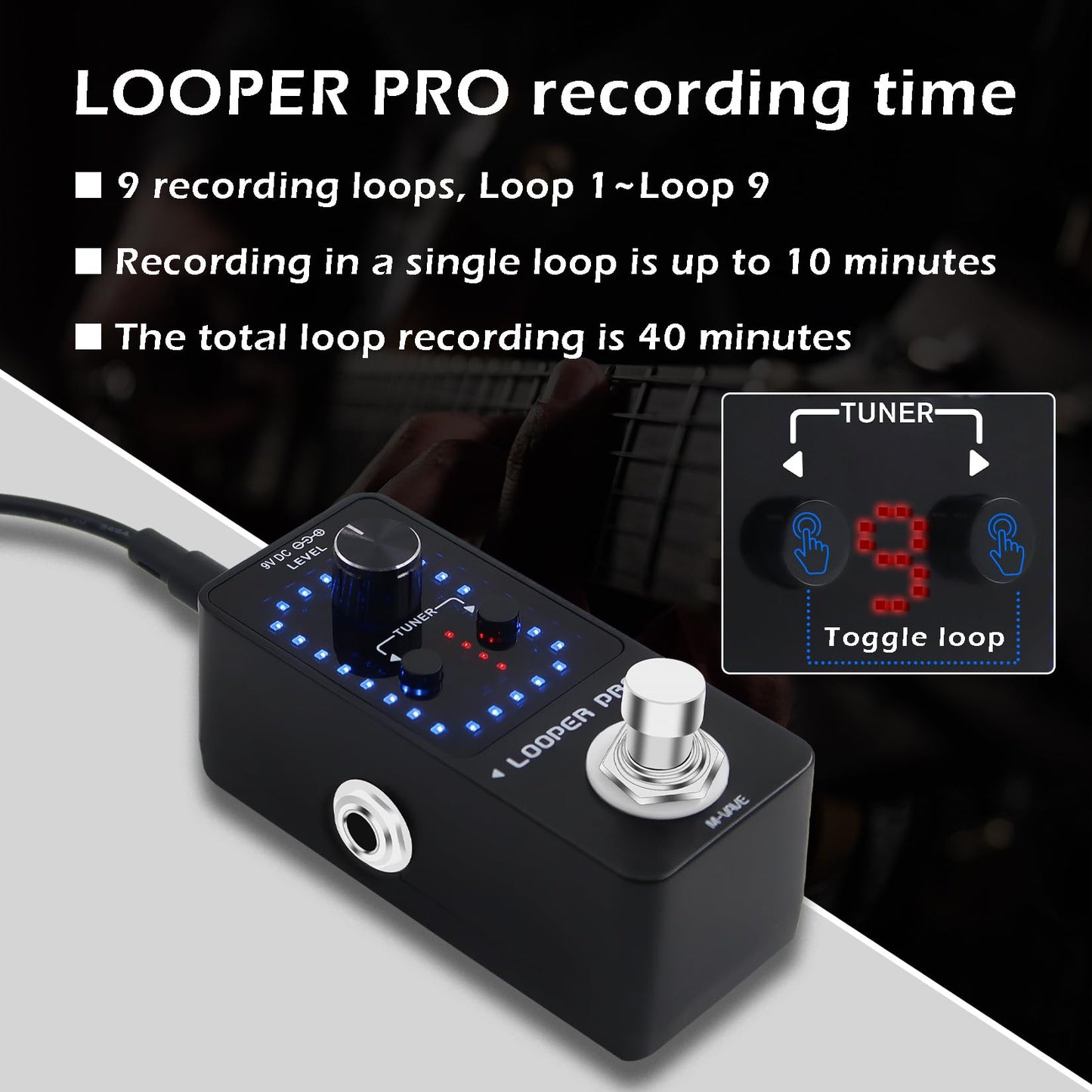 M-VAVE Loop Pedal Pro - 40 minutos de tiempo de bucle 9 bucles Pedal profesional de guitarra con sintonizador para guitarra eléctrica, bucle de un solo paso, overdubs ilimitados deshacer rehacer