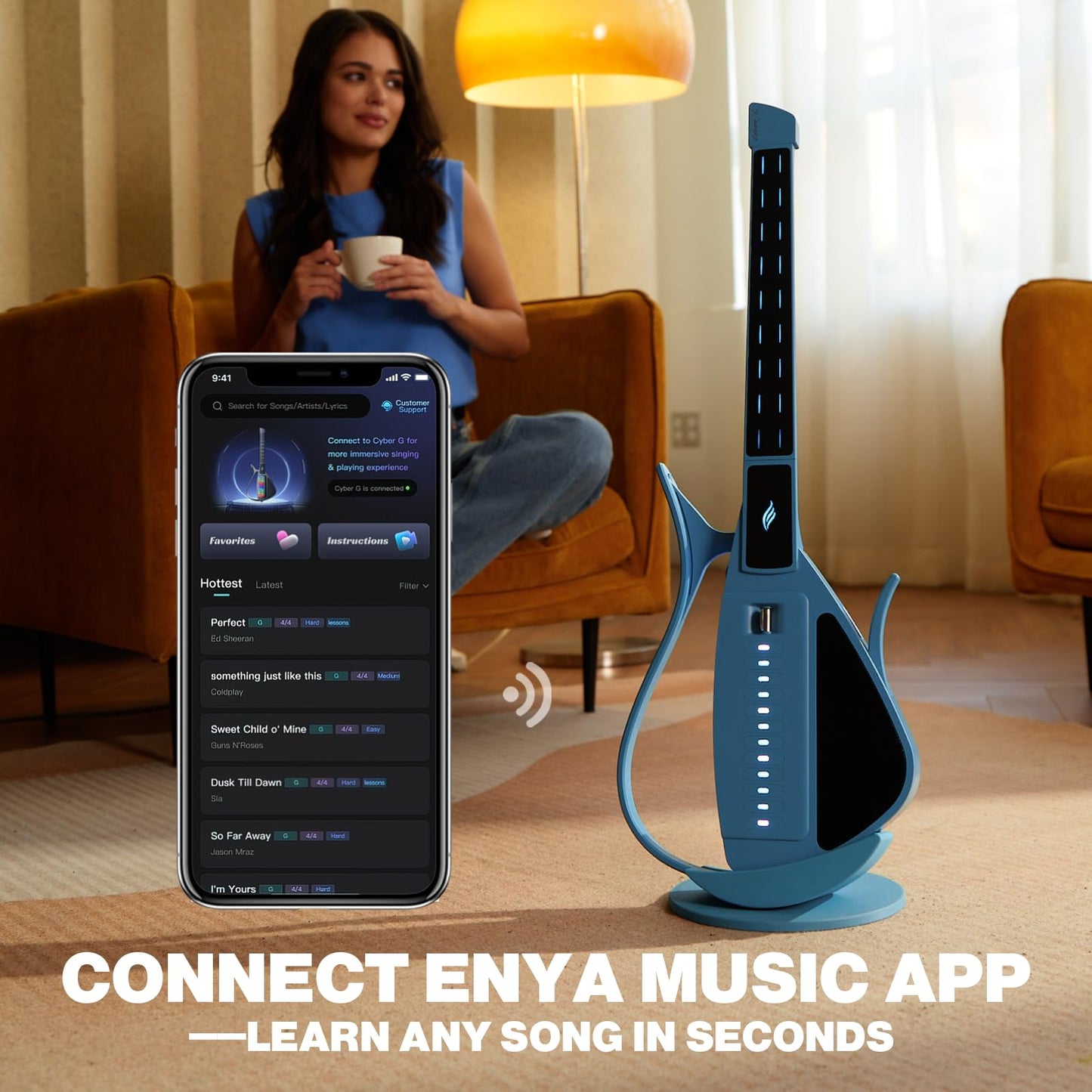 Enya CYBER-G Guitarra inteligente sin cuerdas, portátil plegable de viaje con acordes controlados por aplicaciones, cientos de sonidos de instrumentos, altavoz integrado y máquina de tambor