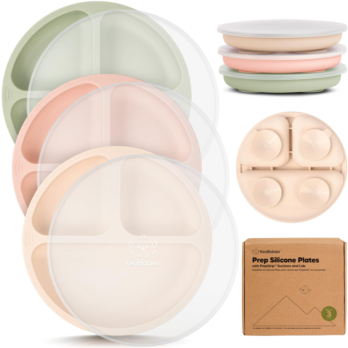 KeaBabys Placas de succión con tapa para bebé, paquete de 3 placas de succión 100% de silicona para bebés, niños, placas para bebés con succión, tapa, sin BPA, microondas (Amaze)