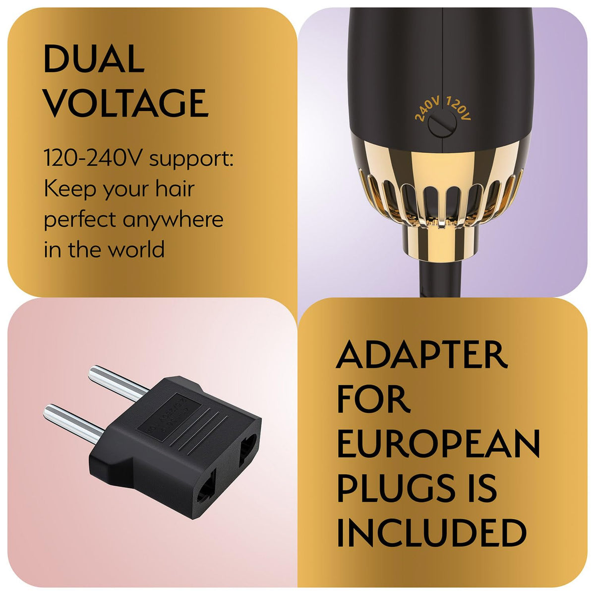 Cepillo Secador de Pelo OMOteam Negro y Dorado de Doble Voltaje para Viajes en Europa para Mujer