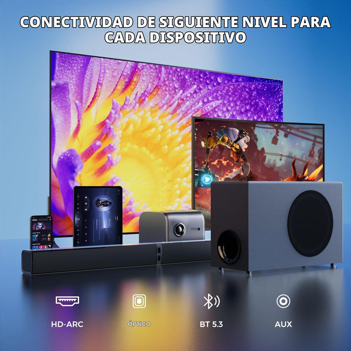 Barra de Sonido MZEIBO Negra 120 W con Subwoofer y Bluetooth 5.3 para Smart TV Surround Sound Sistema de Cine en Casa