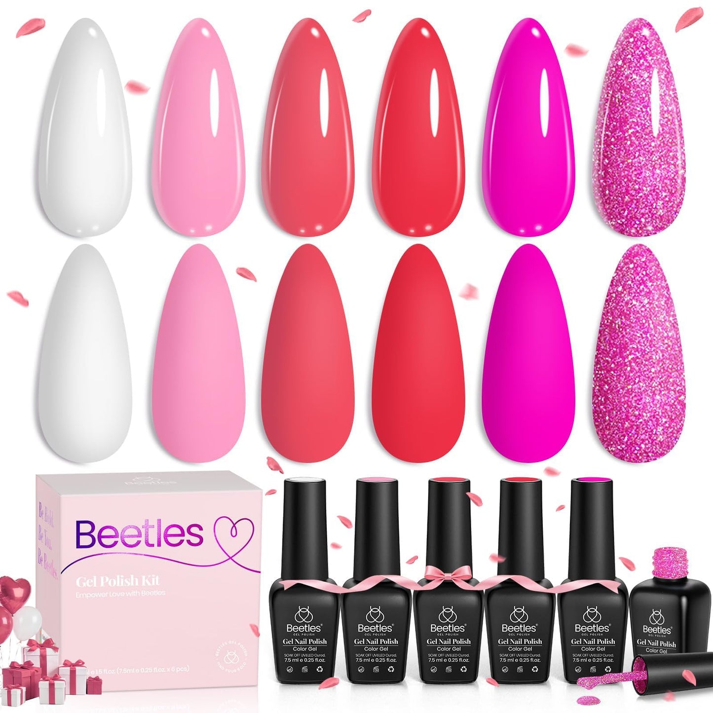 Beetles Valentine's Day Glitter Baby Pink Red Gel Nail Polish Set 6 Colors Pink White Gel Polish Kit Soak Off LED Lamp Nail Gel Kit Christmas New Year Girlfriend Gift for Women Mom Manicure Kit