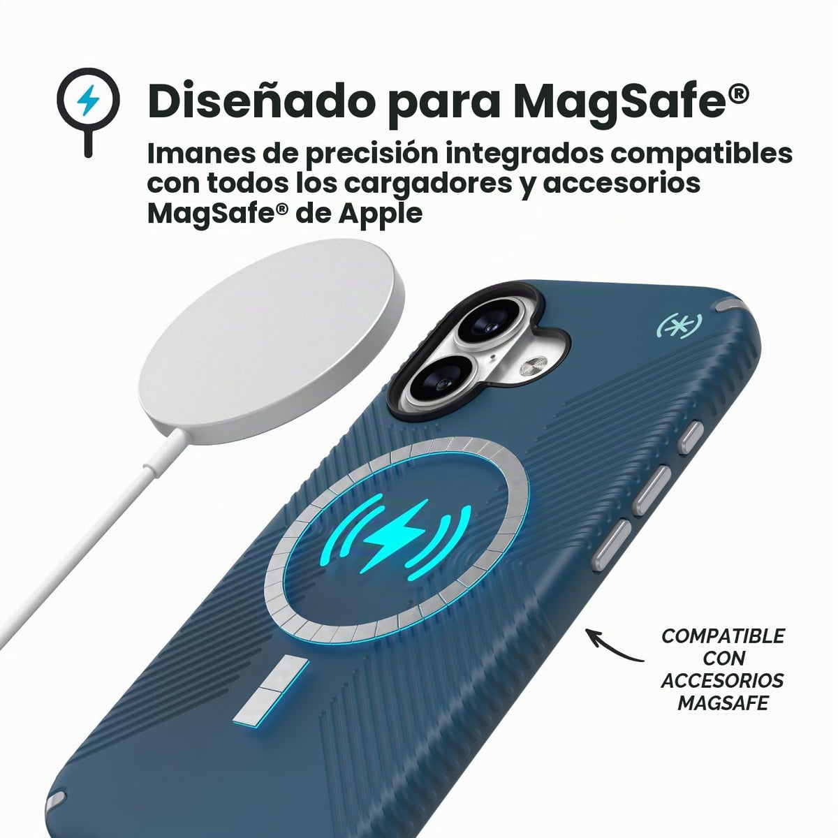 Agarre iPhone 17 Speck Deep Se Silver Metallic Spell Blue con MagSafe