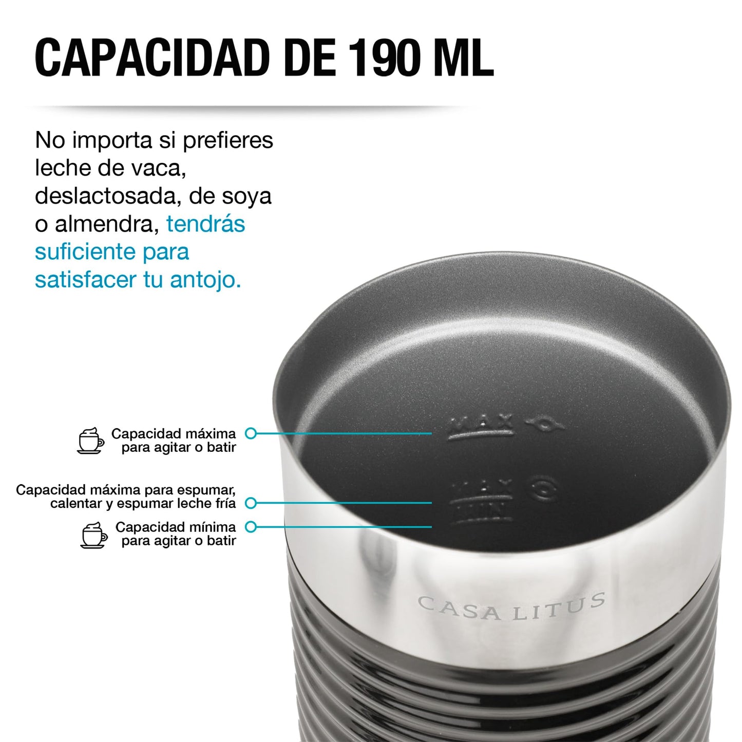CASA LITUS Espumador de Leche Eléctrico Profesional de Acero Inoxidable (190 ml), Calienta y Espuma en Segundos, Batidora para Capuchino, Latte, Matcha y Chocolate, Leche Caliente y Fría, Mod. Beirut
