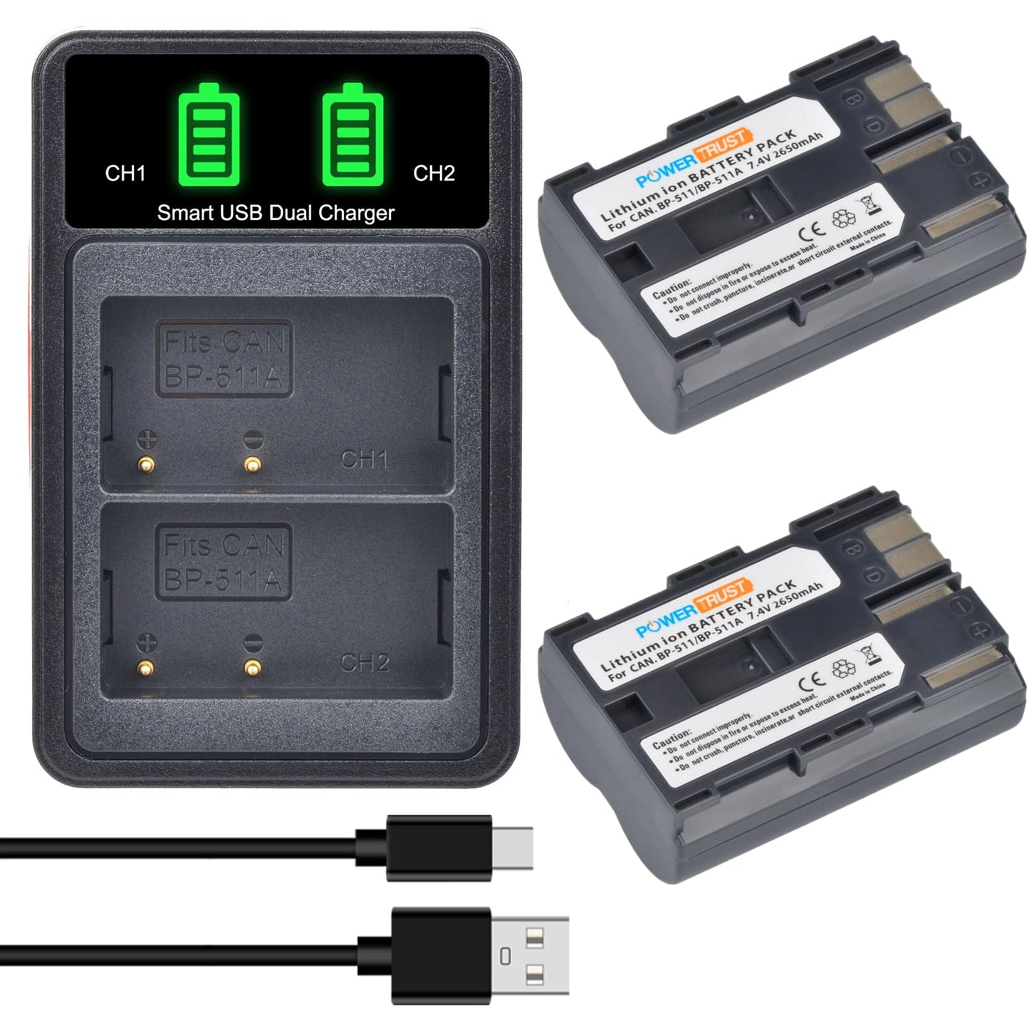Batería y Cargador Dual USB LCD Powertrust 2650 mAh 2-Pack para Canon EOS 40d 300d 5d 20d 30d 50d