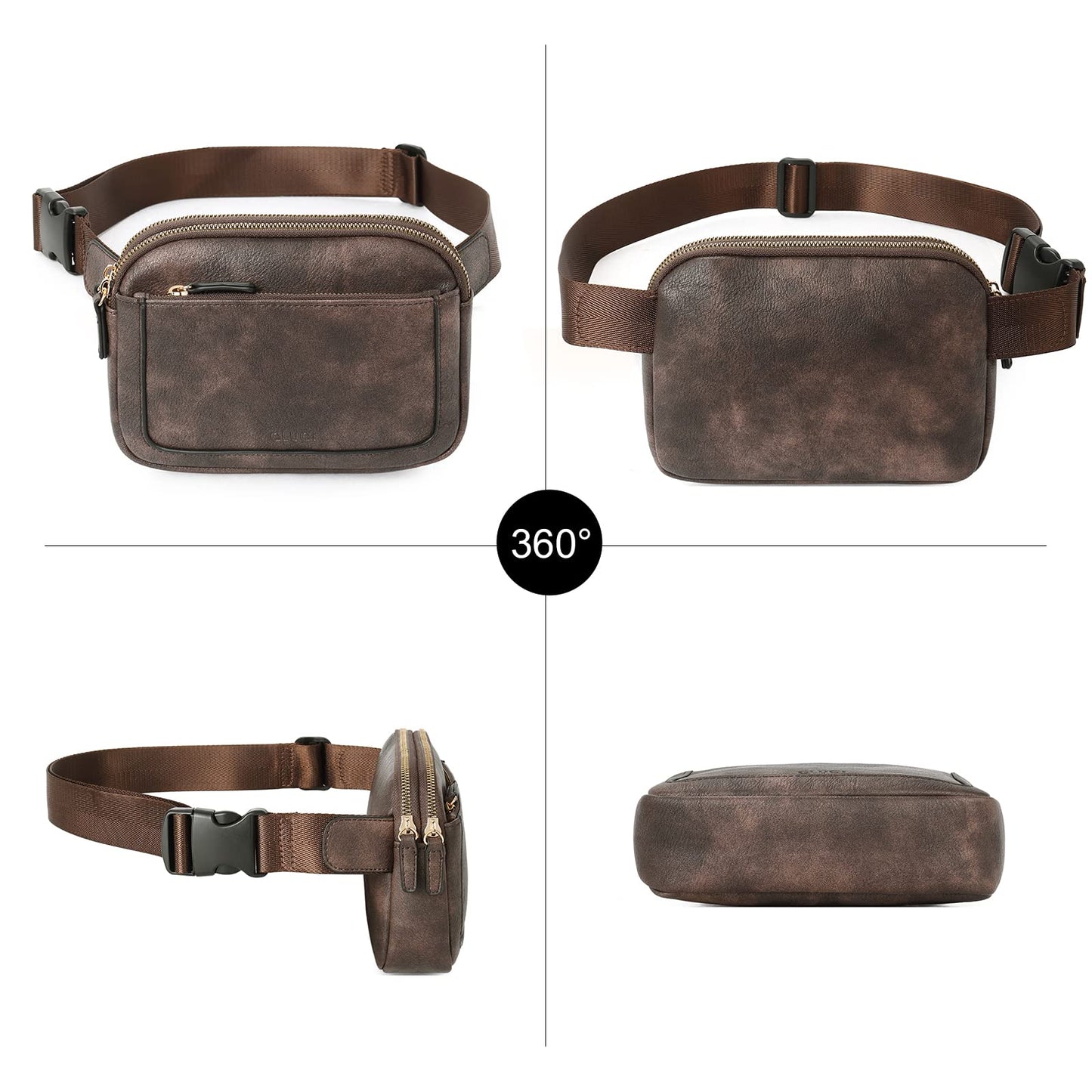 CLUCI - Riñonera para mujer, mini bolso cruzado en todas partes, correa ajustable, piel vegana, riñonera para mujer, Café oscuro, Una talla