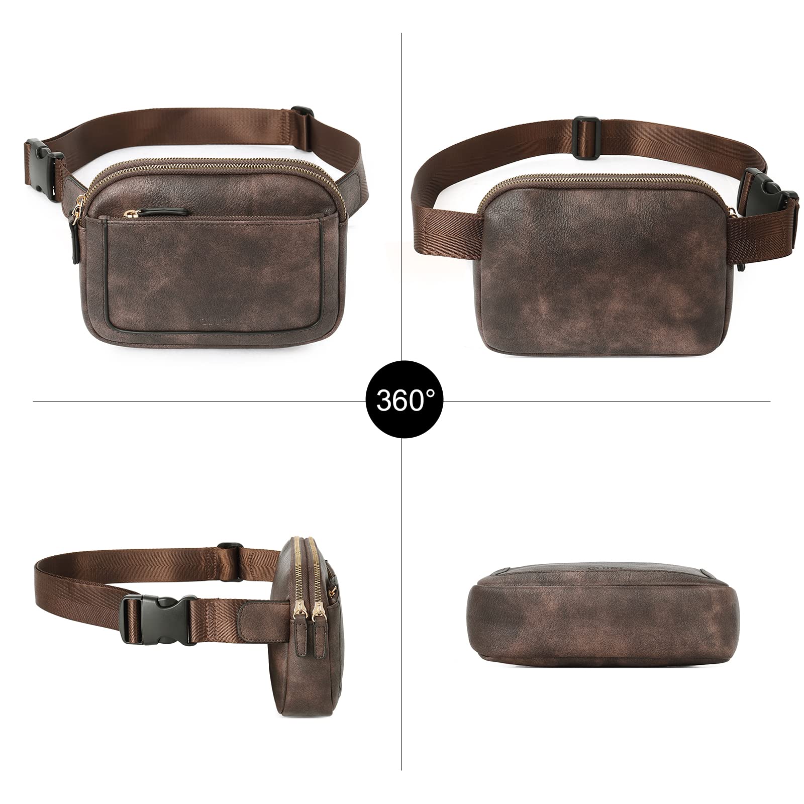 CLUCI - Riñonera para mujer, mini bolso cruzado en todas partes, correa ajustable, piel vegana, riñonera para mujer, Café oscuro, Una talla
