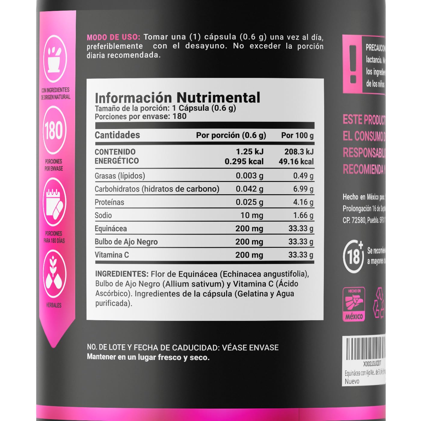 B Life Equinácea de 180 Cápsulas de 600 mg. Adicionado con Ajo Negro y Vitamina C. Ingredientes naturales. Echinacea Garlic.
