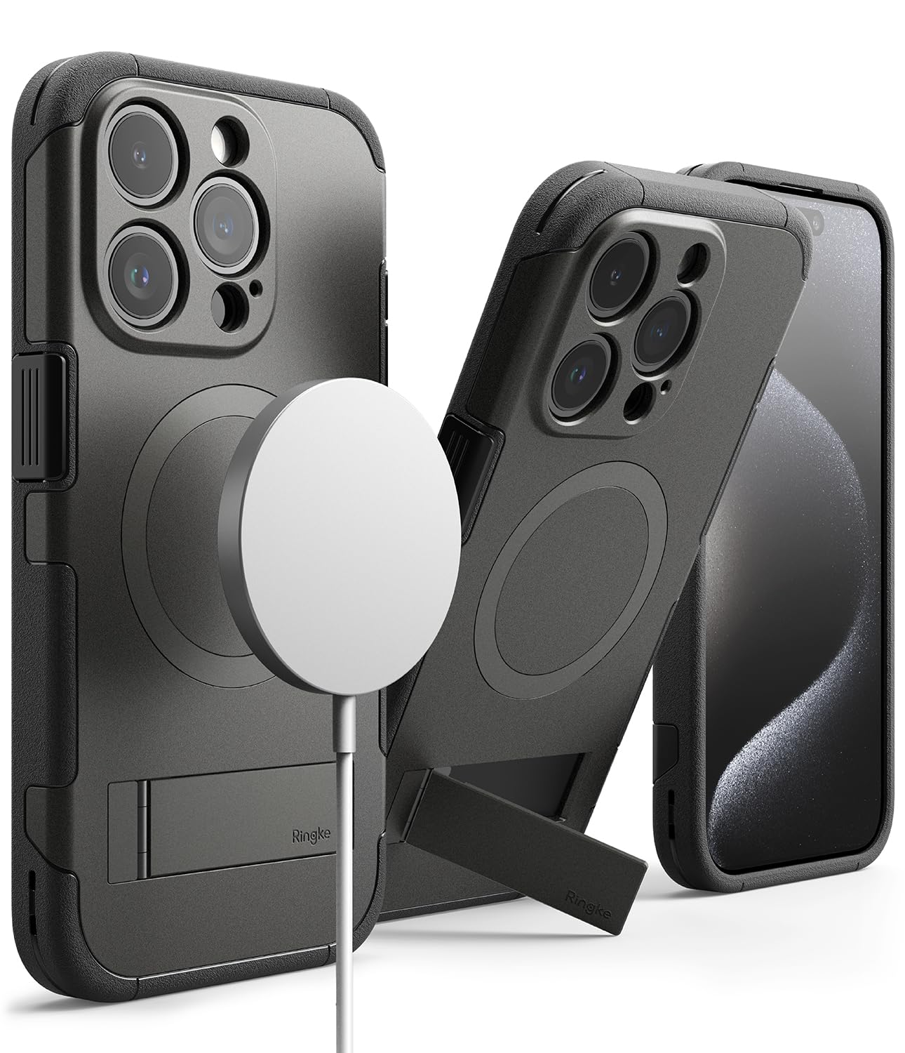 Funda Magnética Ringke Alles Gunmetal Compatibilidad MagSafe para iPhone 15 Pro MAX con Soporte Ajustable y Protección Resistente