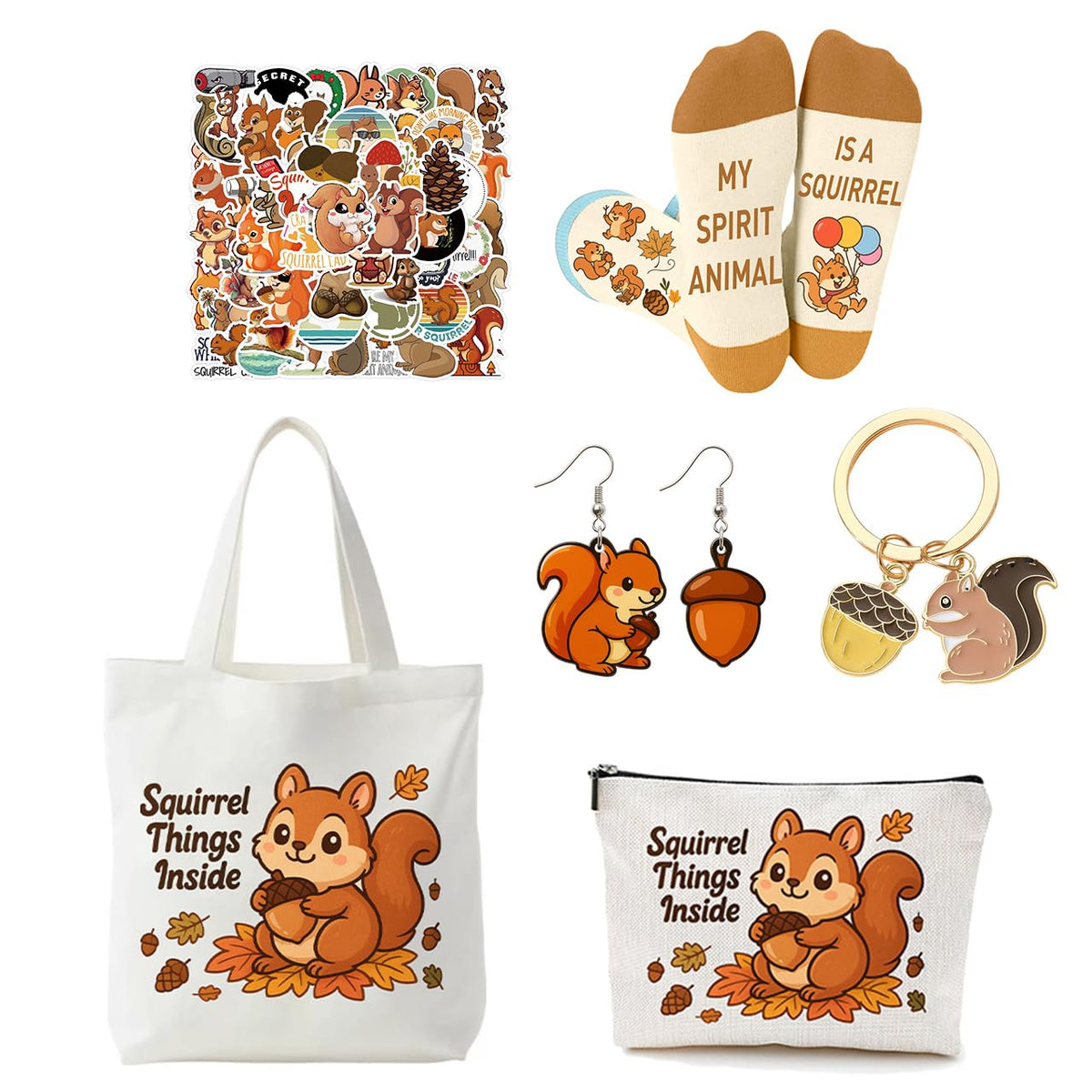Flotreif Juego de regalo de ardilla incluye calcetines divertidos de ardilla, bolsa de maquillaje, pegatinas, arete (juego de ardilla)