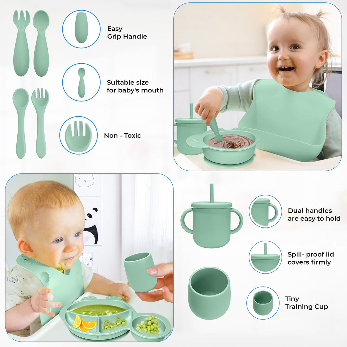 DELICADOU Set De Alimentación De Silicona para Bebés - 9 Piezas - Utensilios para La Primera Etapa De Alimentación De Alimentos Sólidos. A Partir De Los 6 Meses. Forma De Tortuga.
