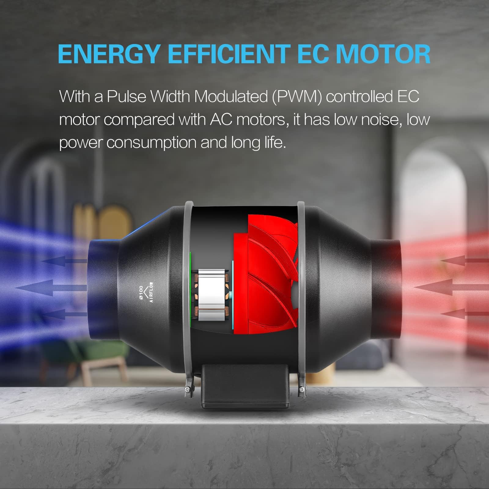 iPower - Ventilador inteligente de conductos en línea, silencioso de 4 pulgadas, 212 CFM, ventilador de escape de ventilación, motor EC y driver WiFi de temperatura para calentamiento, enfriamiento,
