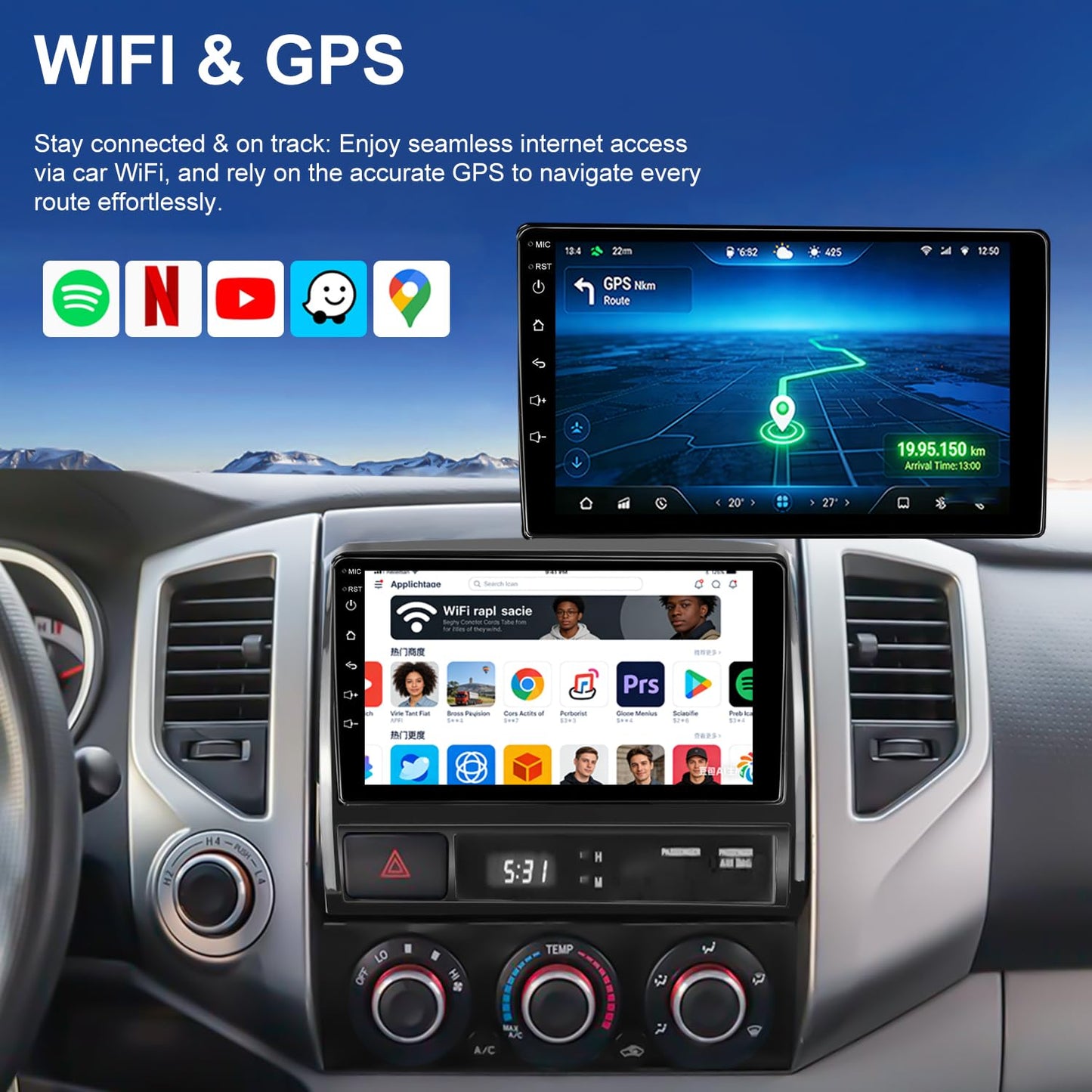 Hyperego Autorradio Android para Toyota Tacoma 2005-2015, actualización de estéreo 5G WiFi Tacoma Compatible con CarPlay inalámbrico y Android Auto, Unidad Principal con Pantalla táctil de 9 Pulgadas
