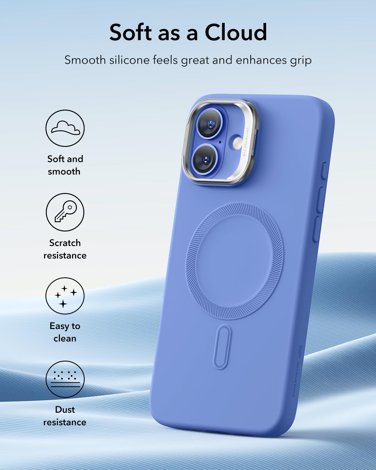 ESR - Funda para iPhone 16 de silicona con botón de control de cámara y soporte, compatible con MagSafe, soporte para cámara integrado, funda magnética, serie Cloud, color azul ultramar
