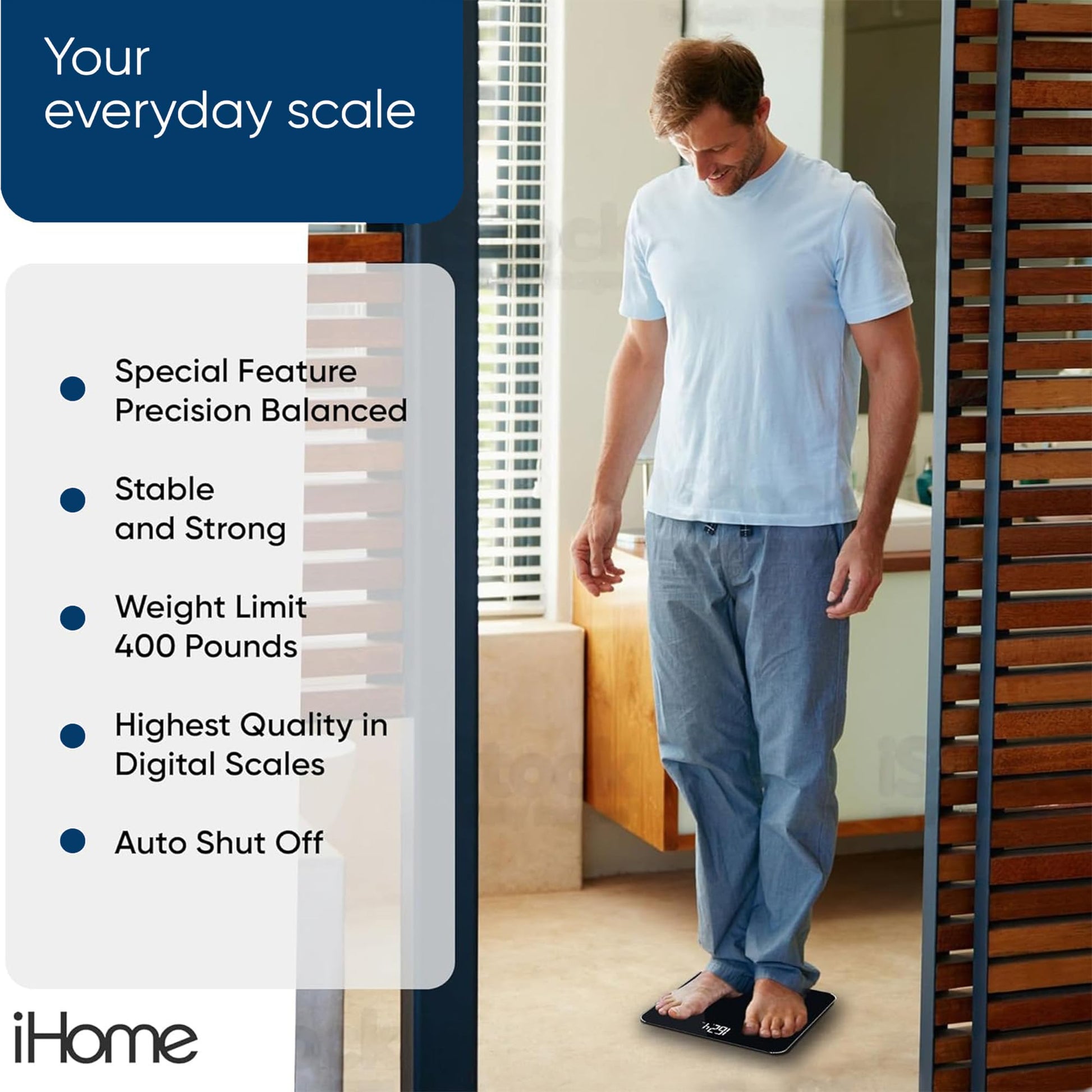 iHome - Báscula digital para baño con escala, báscula de peso corporal de alta precisión, 400 libras, funciona con batería con visualización LED, pilas incluidas, ideal para gimnasio en casa (negro)