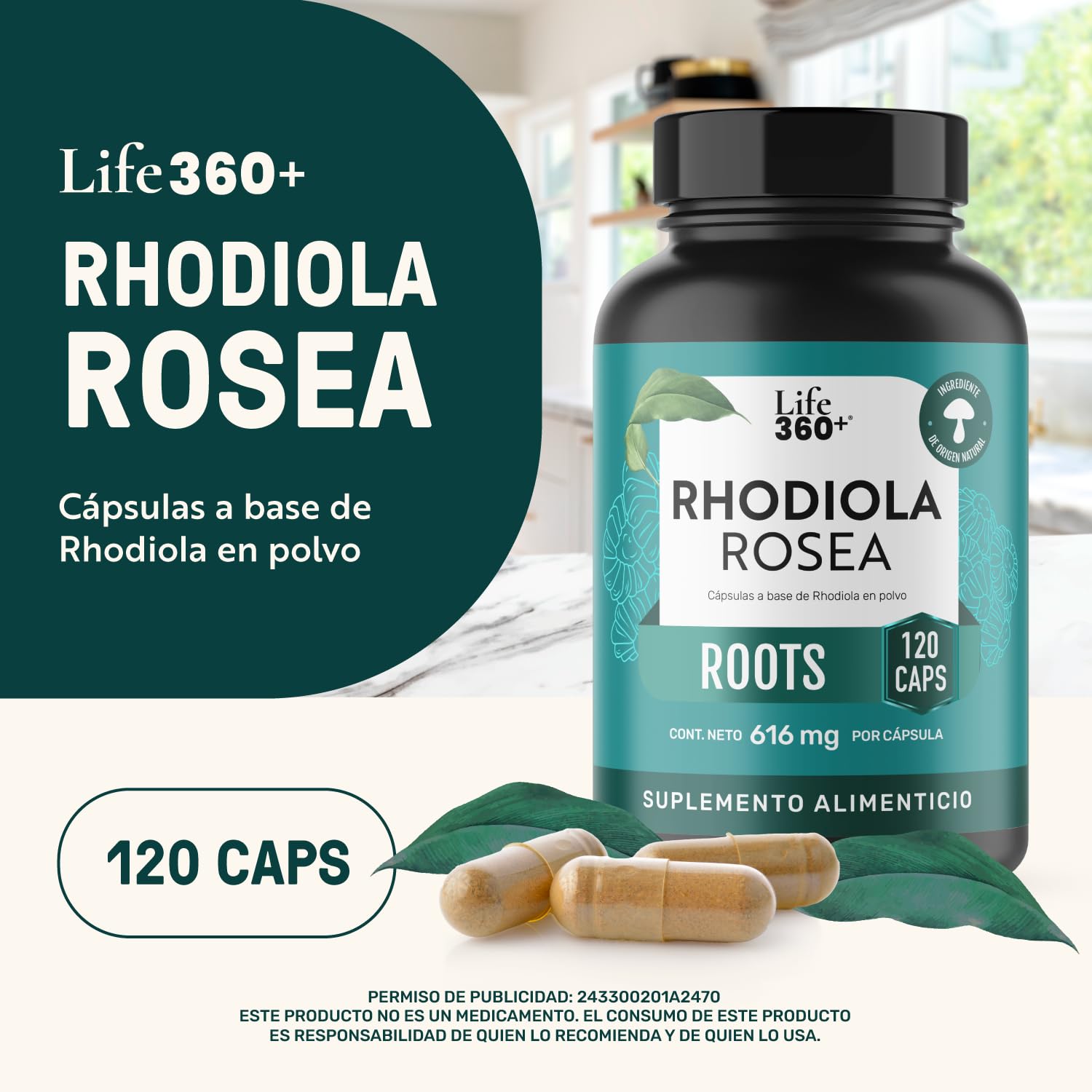LIFE 360+ Rhodiola Rosea | 120 Cápsulas | 616 mg c/u | 60 Porciones | Suplemento Alimenticio a Base de Raíz Rhodiola Rosea en polvo | Tomar 2 cápsulas al día