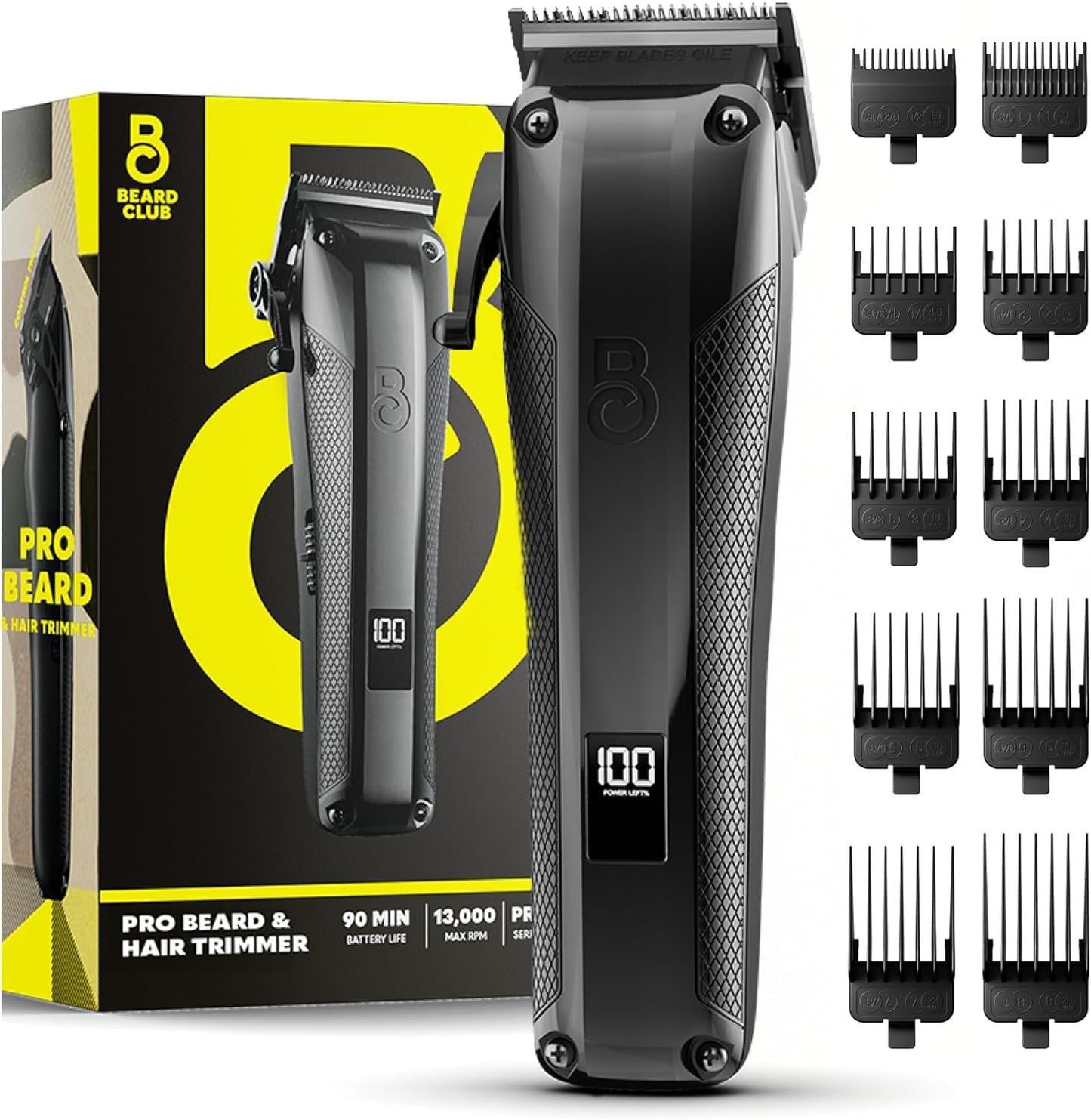 The Beard Club Pro - Recortadora de barba para hombre - Cortadora de pelo profesional para peluqueros - Eléctrico inalámbrico recargable de alta potencia 13.000 RPM - 10 guías - Palanca cónica