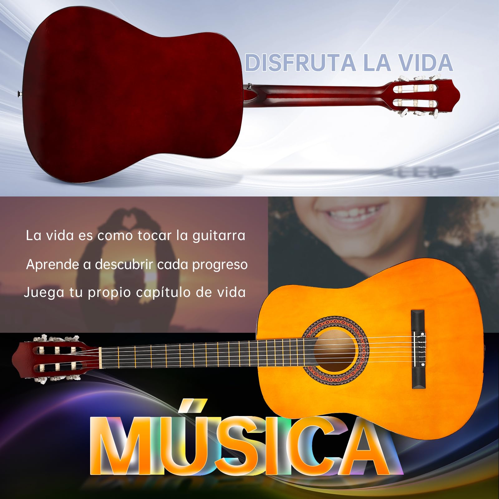 Guitarra Clasica 38 Pulgadas, Guitarra Acústica Bamboo, con Funda, Kit de Accesorios Incluido, para principiantes, Naranja
