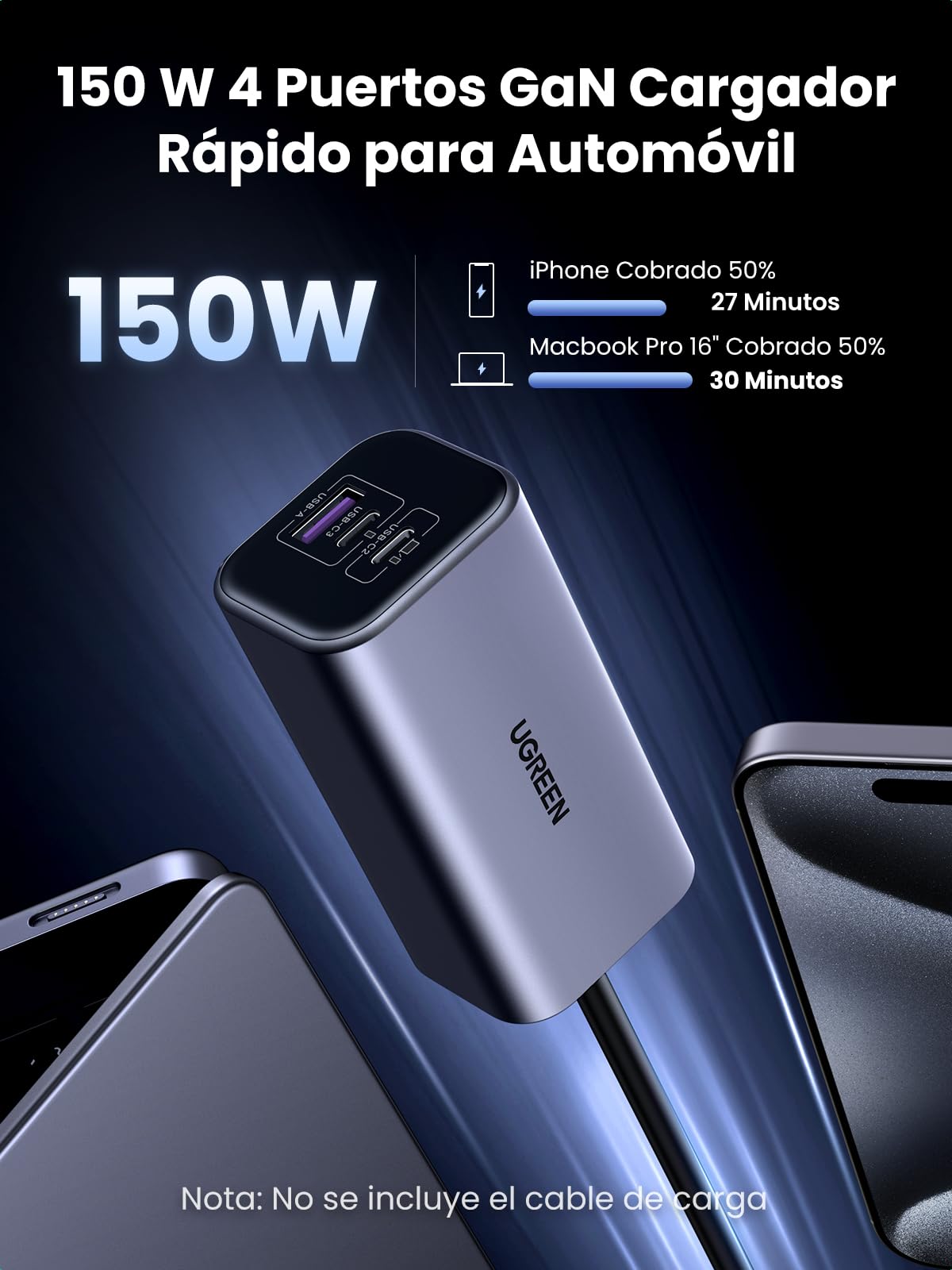 UGREEN GAN 150W Cargador de Coche USB C PD3.1 140W, Distribuidor de Encendedor 4 Puertos 3C1A, Adaptador de Auto Compatible con MacBook Pro/Air, iPhone 16/15/14 Pro MAX, iPad Pro, Galaxy S25 S24