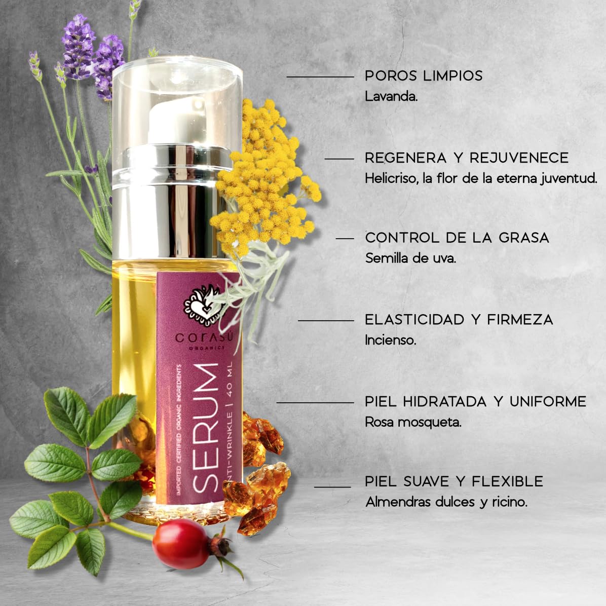 CORASÚ SÉRUM facial antiarrugas 40ml | 100% NATURAL | ORGÁNICO | Con rosa mosqueta, helicriso (la flor de la eterna juventud) y extractos vegetales antioxidantes y regenerantes | NO deja sensación grasosa | Piel SEDOSA y RADIANTE | NUTRE. REGENERA. SUAVIZ