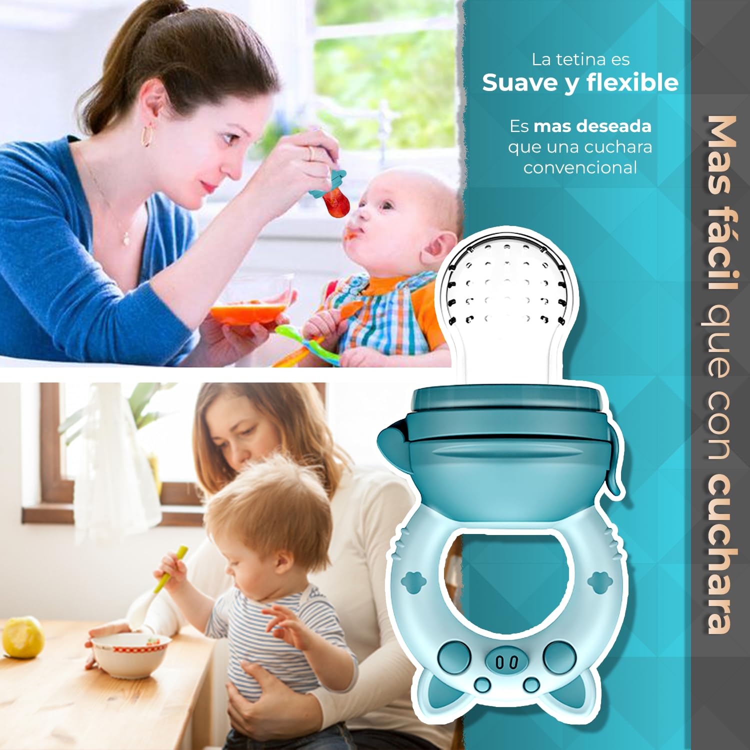 Chupón Para Fruta Y Papilla con Seguro Y Tapa Dibujos Animados, Libre de BPA (AZUL)