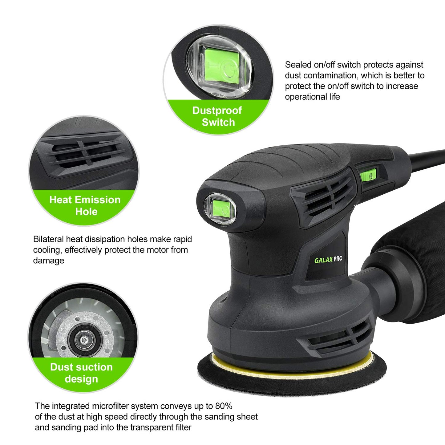 GALAX PRO - Lijadora orbital de 280 W 13000 OPM Max 6 velocidades variables con 15 discos de lijado, lijadora eléctrica de 5 pulgadas con colector de polvo para lijado y pulido