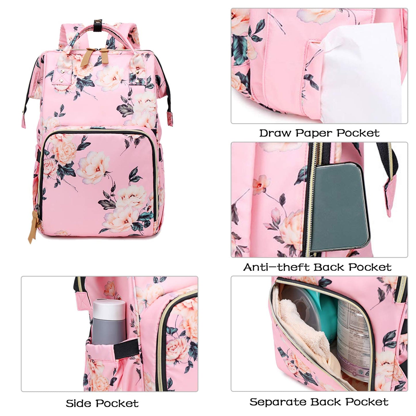 FANDARE Mochilas de Pañales Bebé Bolsa de Pañales con Puerto USB Enchufe de Audífonos Mochila de Viaje Mamá Multifuncional Gran Bolsa de Cambio de Bebé Duradero Nylon Rosado