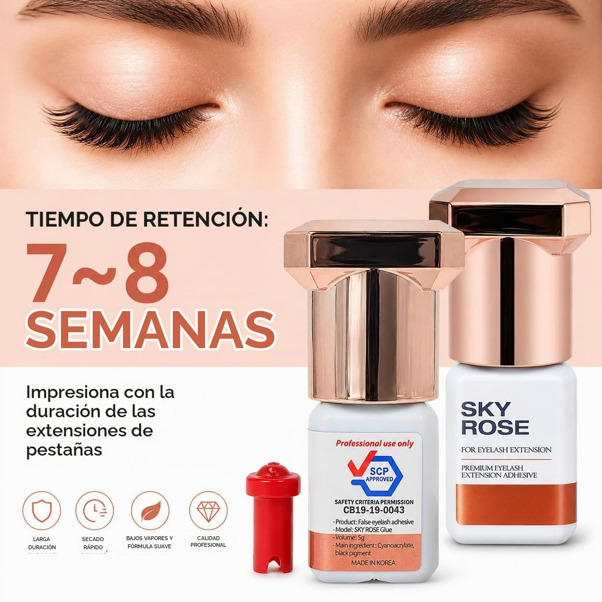 Extensión de Pestañas Sky Rose en Rosa Secado Rápido y Retención de 6-8 Semanas