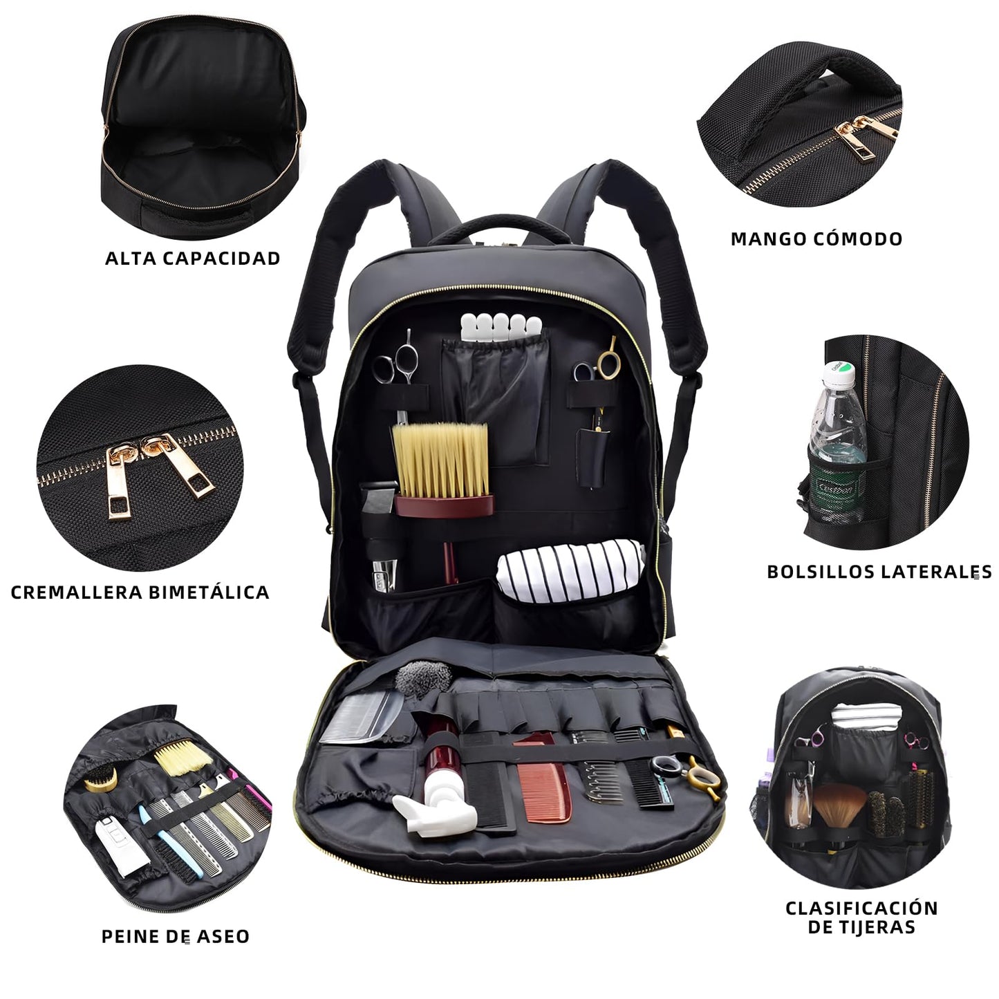 Mochila Barbero Profesional Negra Impermeable con Soporte para Espalda para Organizar Cortapelos y Tijeras