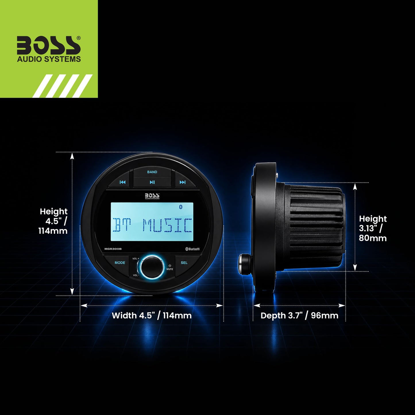 Boss Audio Systems MGR300B Marine Boat - Receptor de indicador estéreo - Bluetooth, sin Reproductor de CD y DVD, Radio Am/FM, IPX5 Resistente a la Intemperie, USB, MP3