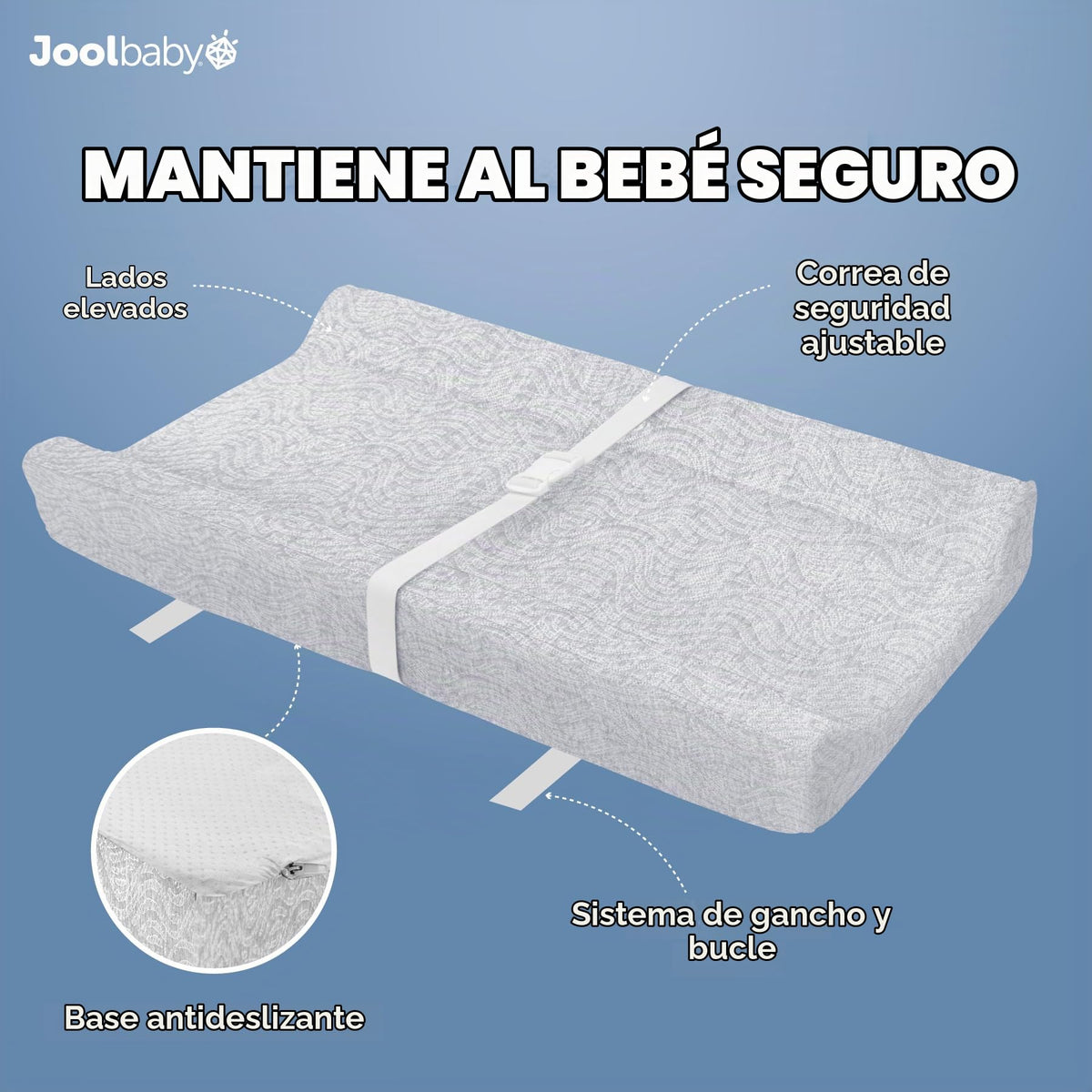 Jool Baby - Cambiador suave + funda lavable, antideslizante, se adapta a cambiadores y tocadores estándar (gris/ondulado)