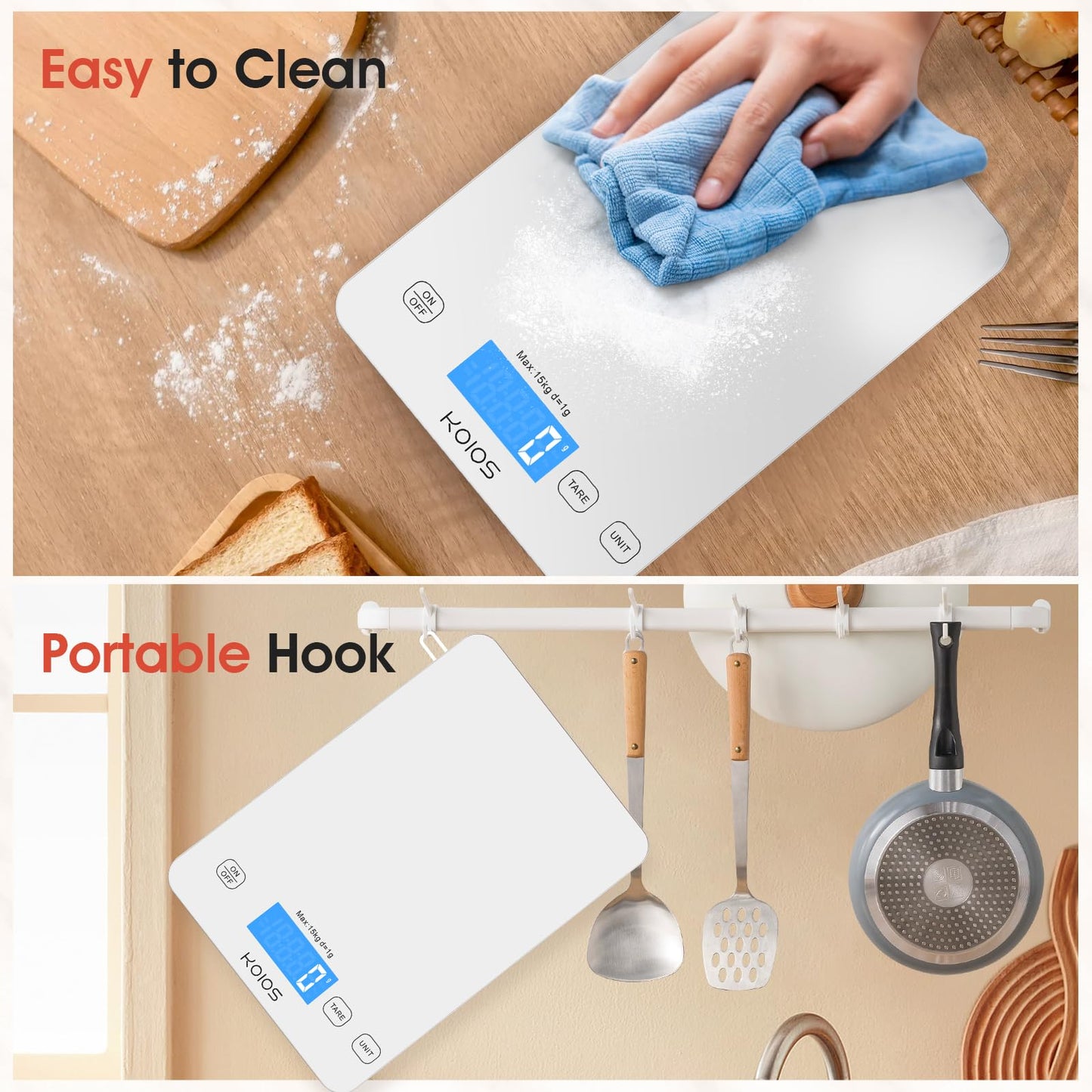 KOIOS Báscula de cocina, 33 lb/15 kg Báscula digital de alimentos de peso en gramos y onzas para cocinar hornear, graduación precisa, baterías y carga tipo C, función tara, visualización LCD, blanco