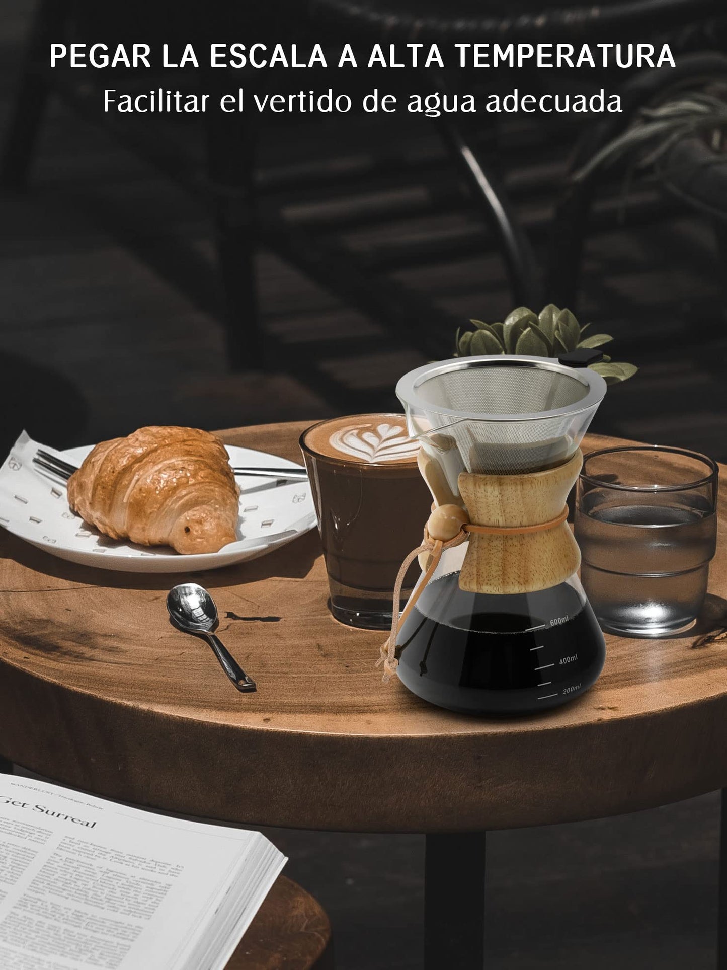 Cafetera de Vidrio Reutilizable 600ML Filtro Acero Inoxidable 304 Para Goteo Manual